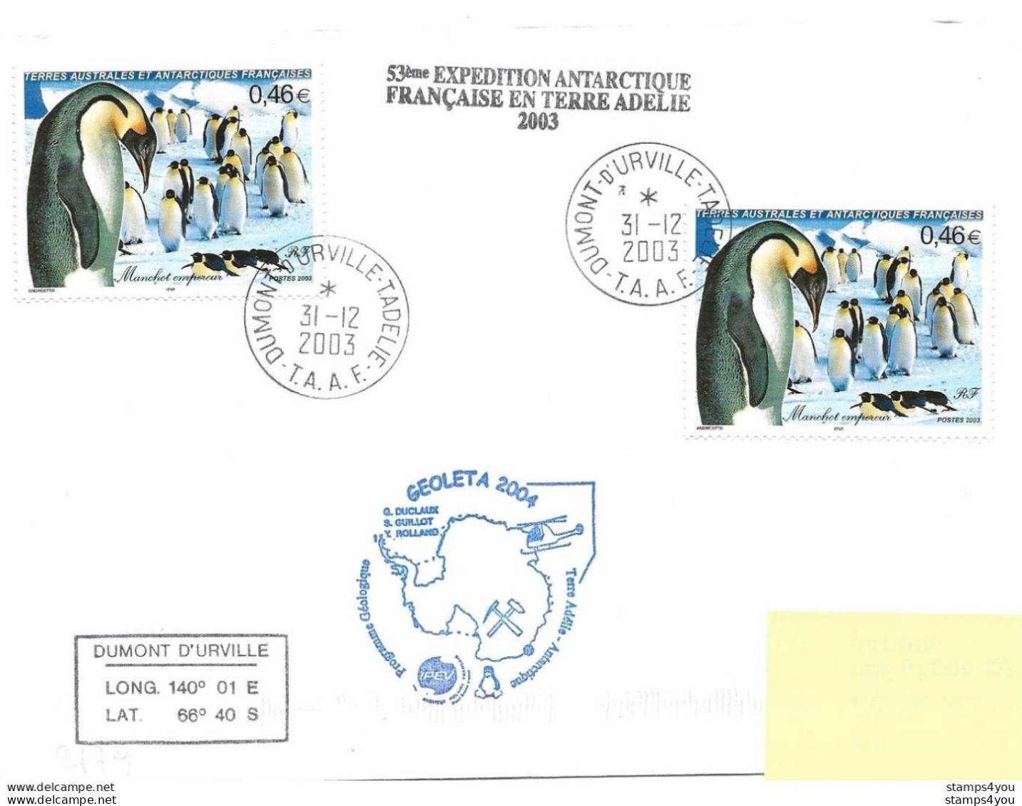 255 - 66 - Enveloppe TAAF Terre Adélie Cachet Progamme Geoleta 2003-2004 - Bases Antarctiques