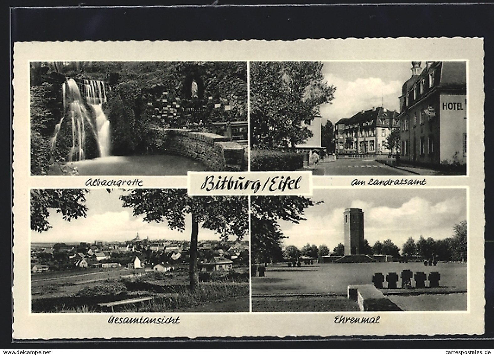 AK Bitburg /Eifel, Am Landratsamt Mit Hotel, Albachgrotte, Ehrenmal  - Bitburg