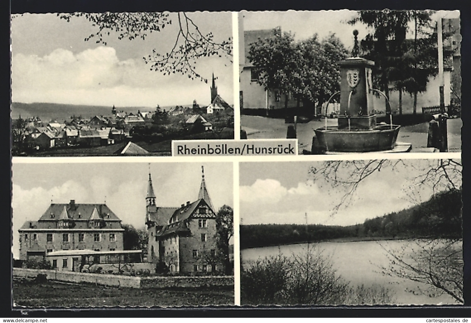 AK Rheinböllen /Hunsrück, Schloss, Brunnen, Uferpartie  - Rhein-Hunsrueck-Kreis