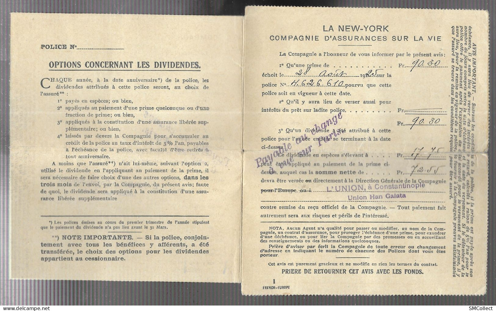 Turquie, Constantinople, Union Han Galata. Carte Lettre Des Assurances "l'Union", Assurance Vie (AS) - Autres & Non Classés