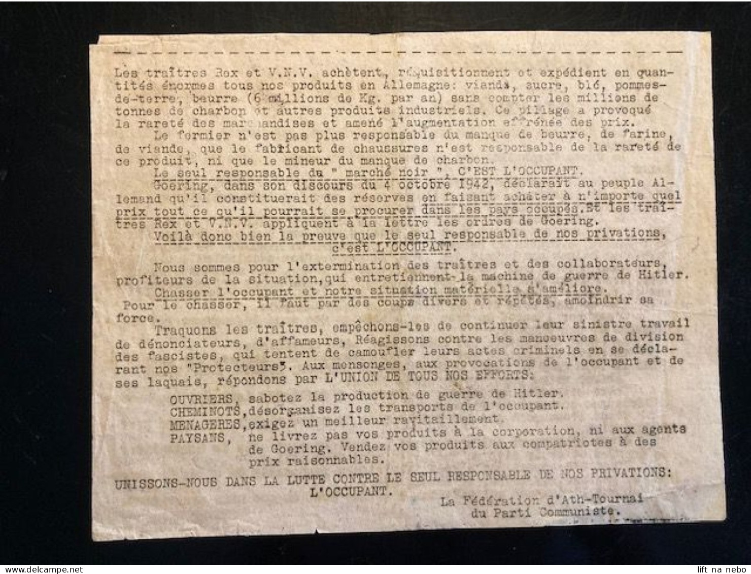 Tract Presse Clandestine Résistance Belge WWII WW2 'Le Responsable De Nos Privations: C'est...' Printed On Both Sides - Documenti
