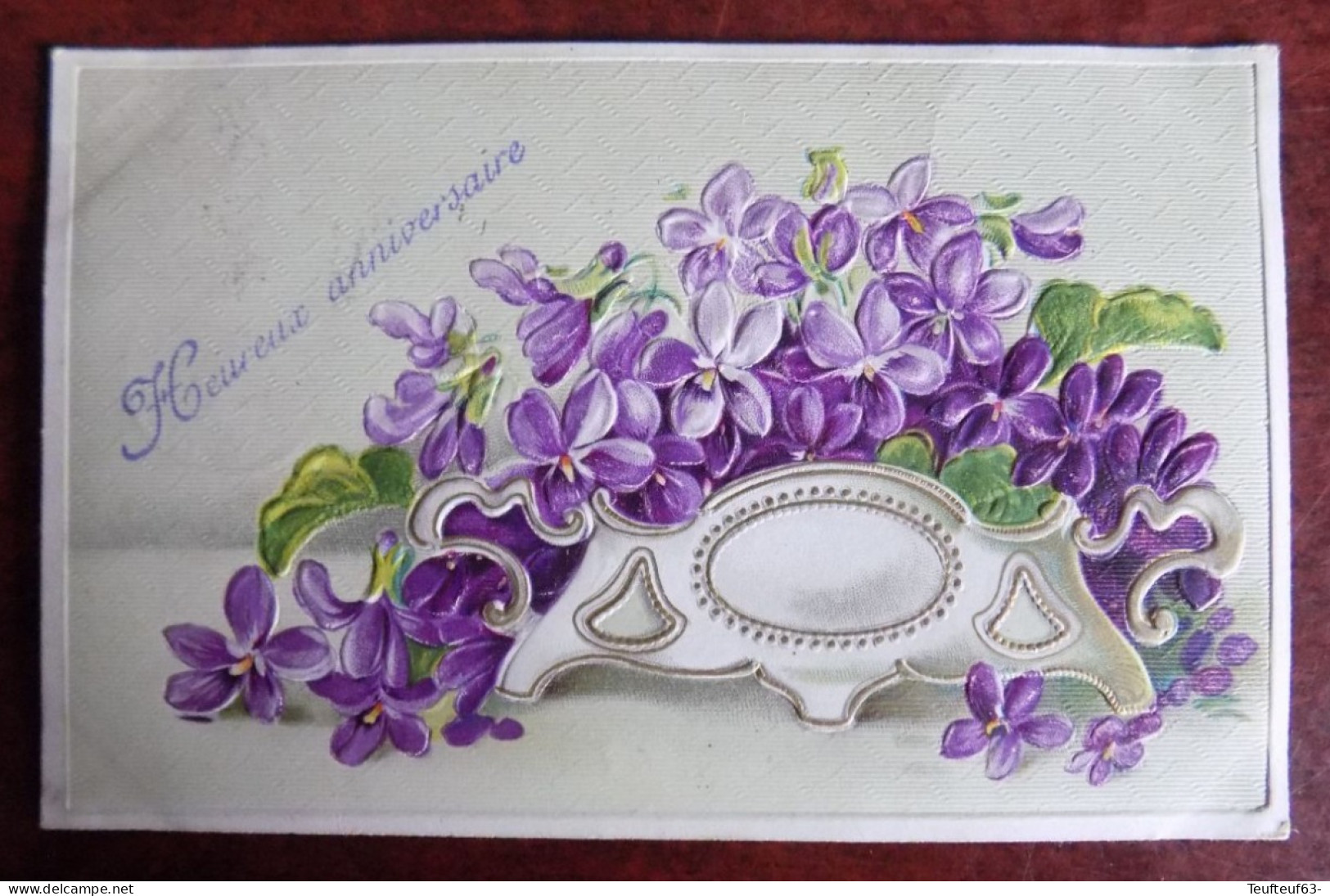 Cpa Fantaisie Heureux Anniversaire Jardinière Avec Fleurs Relief Gaufré - Melle Van Parys Rotselaer 1909 - Anniversaire