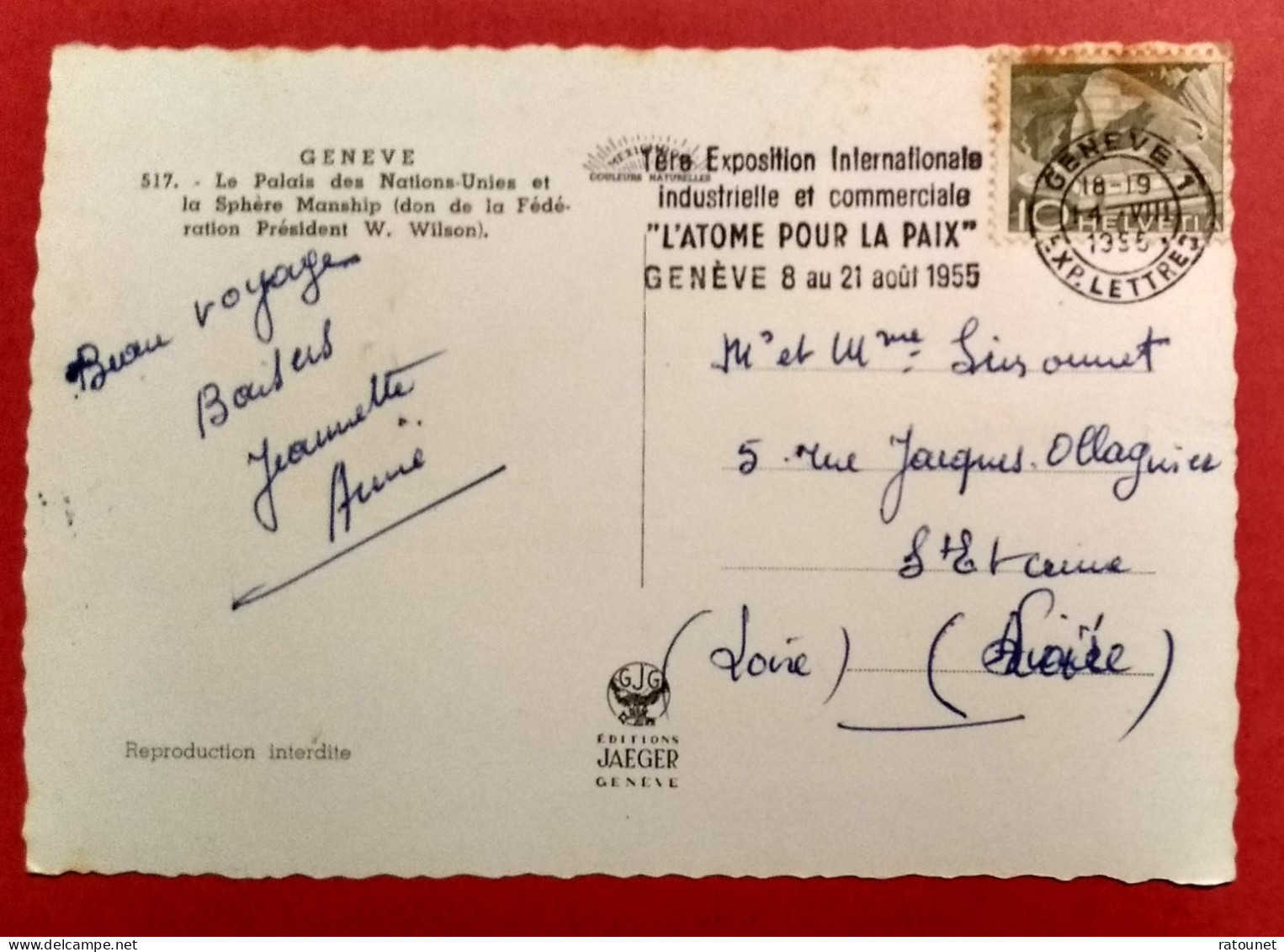 CH - SUISSE - GENEVE - Flamme 1955 ATOME POUR LA PAIX * Sur CPSM 517 Palais Des Nations UNIES - Postage Meters