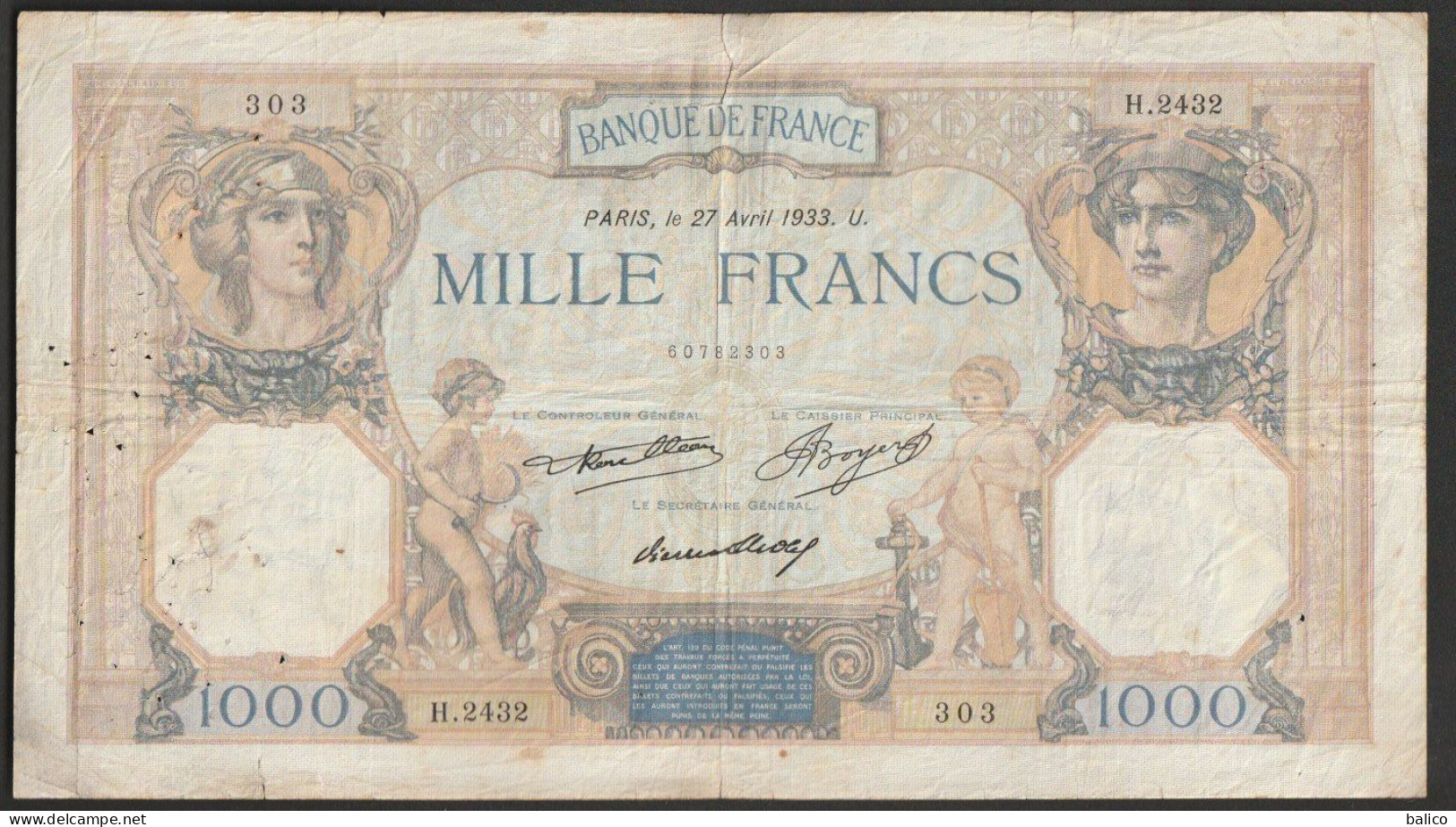 Billet 1000 Francs - Type Ceres Et Mercure - 27 Avril 1933 - H.2432 - 303 - 1 000 F 1927-1940 ''Cérès Et Mercure''