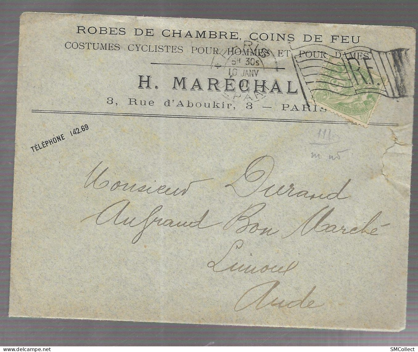 Paris Départ, Flamme Drapeau RF 1901, Oblitération Sur Blanc 5 Centimes Vert, Enveloppe à En-tête H. Maréchal - Oblitérations Mécaniques (flammes)