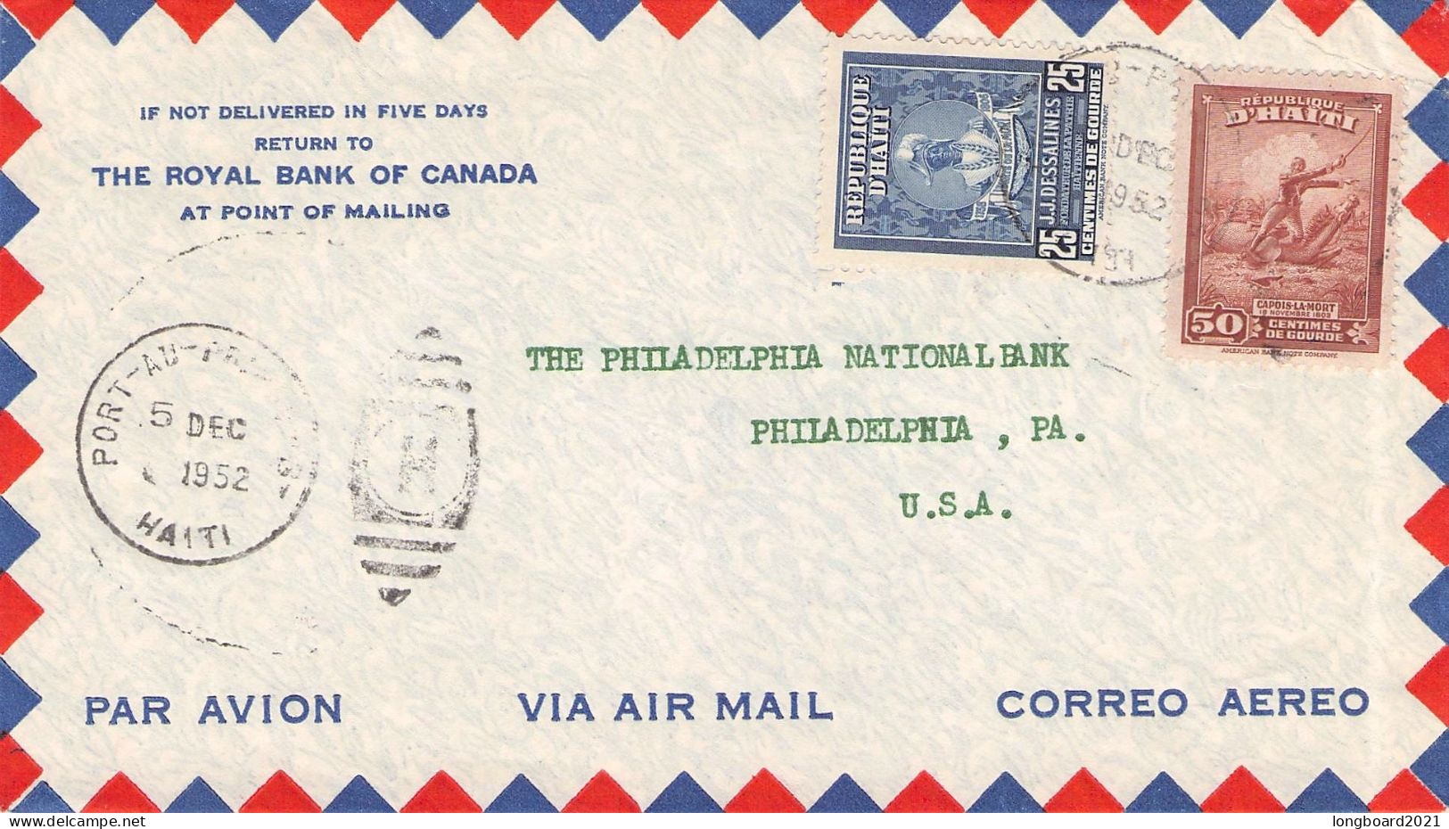 HAITI - AIR MAIL 1953 PORT-AU-PRINCE - PHILADELPHIA / 7071 - Haiti