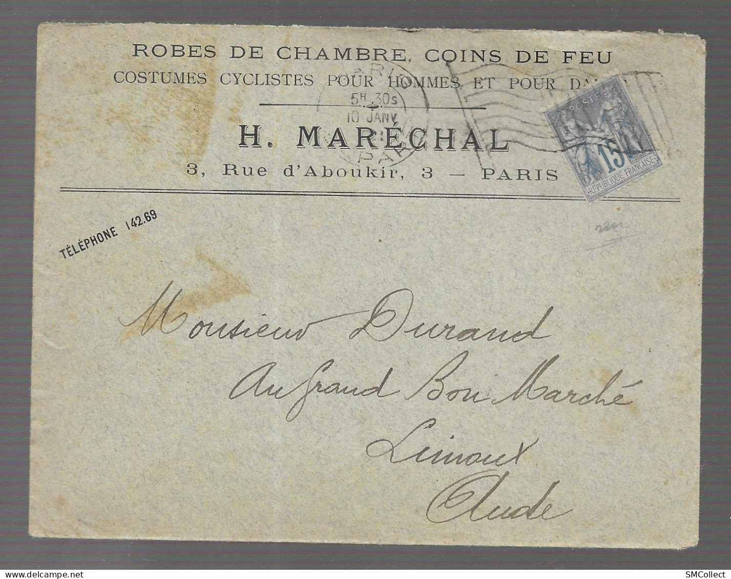 Paris Départ, Flamme Drapeau RF 1901, Oblitération Sur Sage 15 Centimes Bleu, Enveloppe à En-tête H. Maréchal - Oblitérations Mécaniques (flammes)