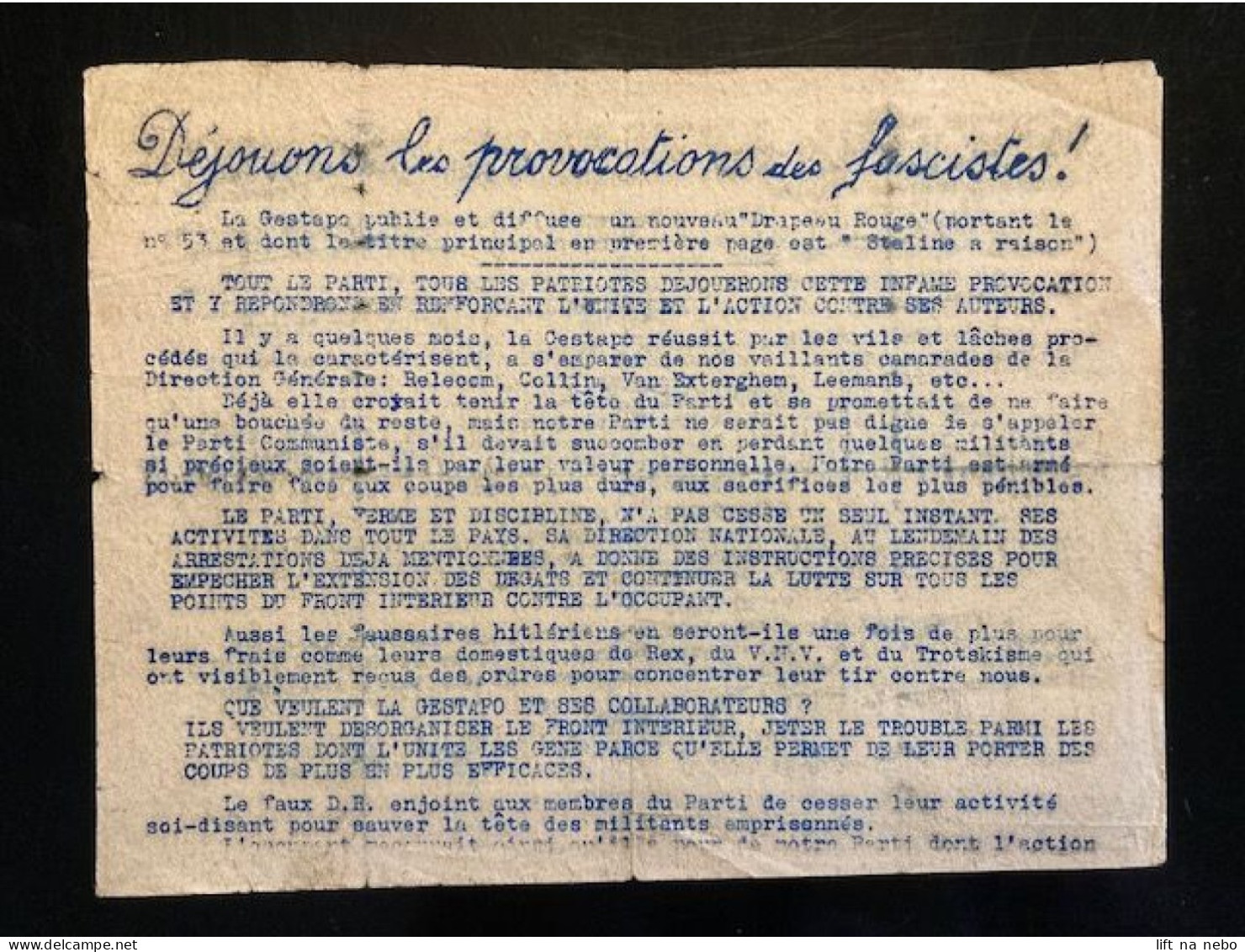 Tract Presse Clandestine Résistance Belge WWII WW2 'Déjouons Les Provocations Des Fascistes!' Printed On Both Sides - Documentos