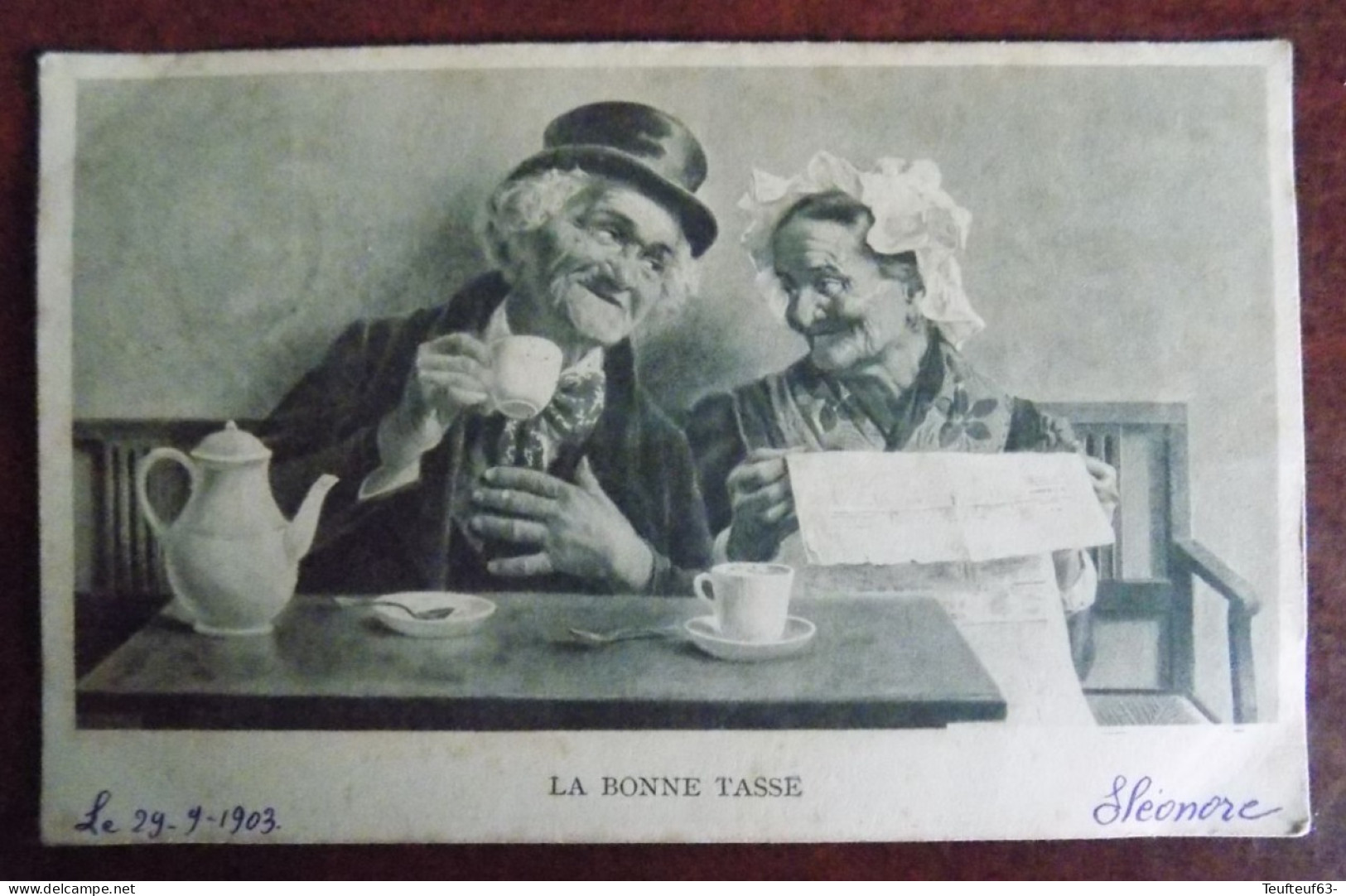 Cpa " La Bonne Tasse" - Couple Vieillards -  Chapeau 1903 - Couples