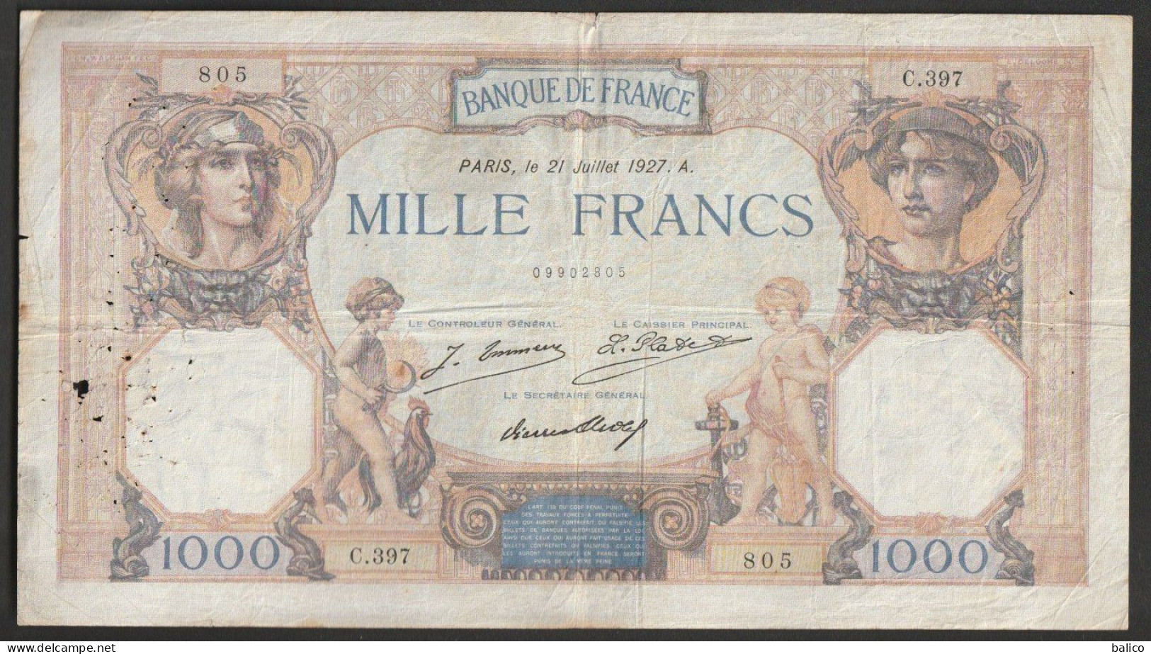 Billet 1000 Francs - Type Ceres Et Mercure - 21 Juillet 1927 - C.397 - 805 - 1 000 F 1927-1940 ''Cérès Et Mercure''