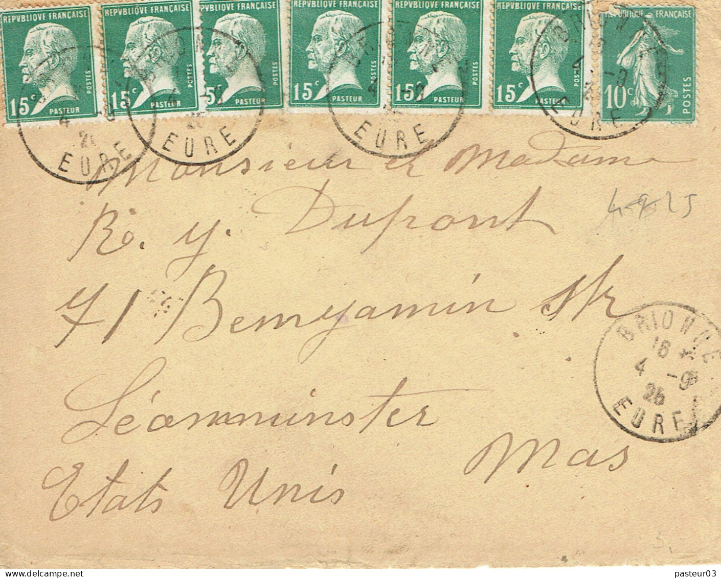 Tarifs Postaux Etranger Du 16-07-1925 (03) Pasteur N° 171 15 C. X 6 + Semeuse 10 C. Lettre 20 G. 04-09-1925 - 1922-26 Pasteur
