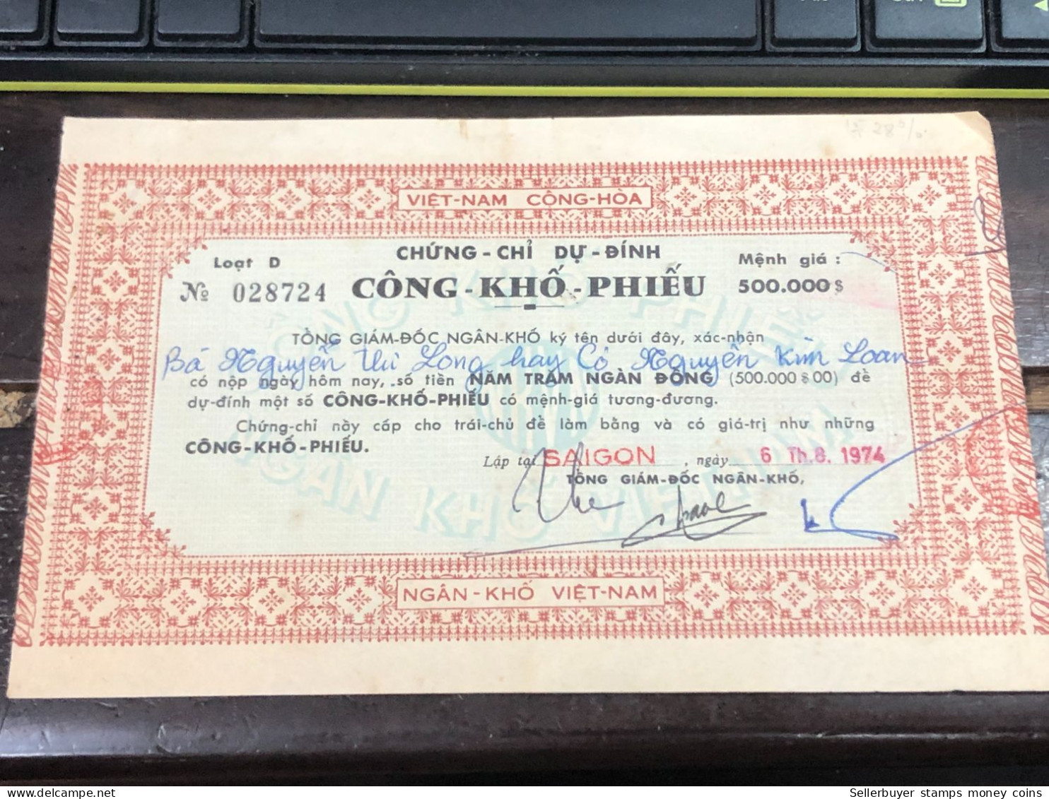 VIET NAM SOUTH PUBLIC DRY BOND BANK CHEC KING-500000$/1974-1 PCS - Vietnam