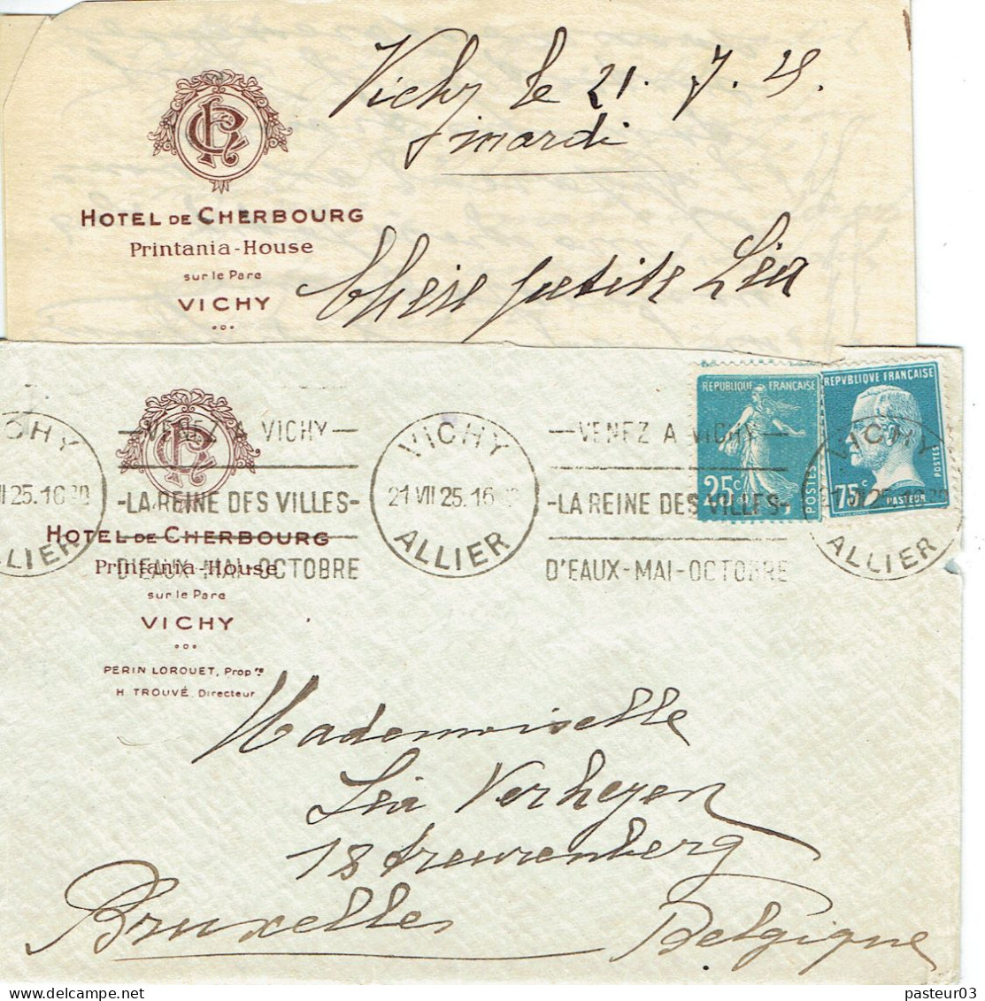 Tarifs Postaux Etranger Du 16-07-1925  (01) Pasteur N° 177 75 C. + Semeuse 25 C. Lettre 20 G. Flamme Flier Vichy Hotel L - 1922-26 Pasteur