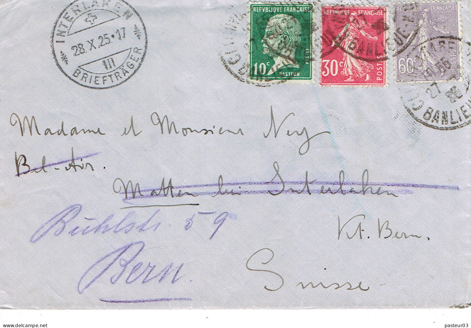 Tarifs Postaux Etranger Du 16-07-1925 (05) Pasteur N° 170 10 C.  + Semeuse 60 C. + 30 C.  Lettre 20 G. 27-10-1925 - 1922-26 Pasteur