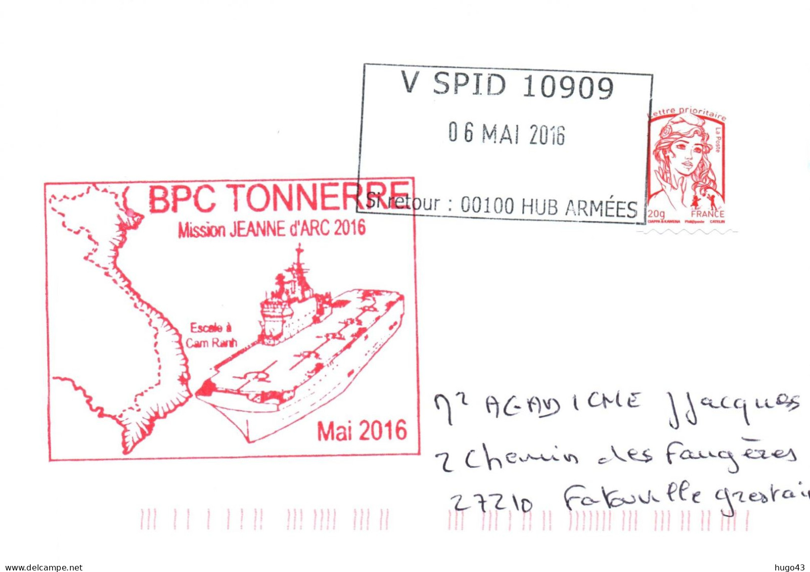 ENVELOPPE AVEC CACHET BPC TONNERRE - MISSION JEANNE D' ARC 2016 - ESCALE A CAM RANH - 06/05/2016 - Naval Post