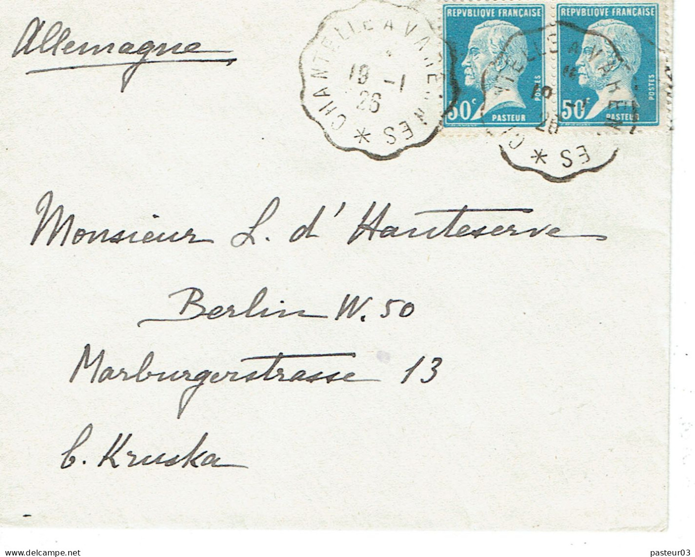 Tarifs Postaux Etranger Du 16-07-1925 (08) Pasteur N° 176 50 C. X 2 Cachet Ambulant Chantelle à Varennes (03) Lettre 20 - 1922-26 Pasteur