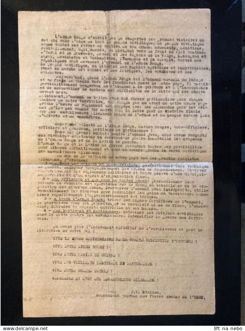 Tract Presse Clandestine Résistance Belge WWII WW2 'L'Ordre Du Jour Du Commandant Supreme' Printed On Both Sides - Documentos