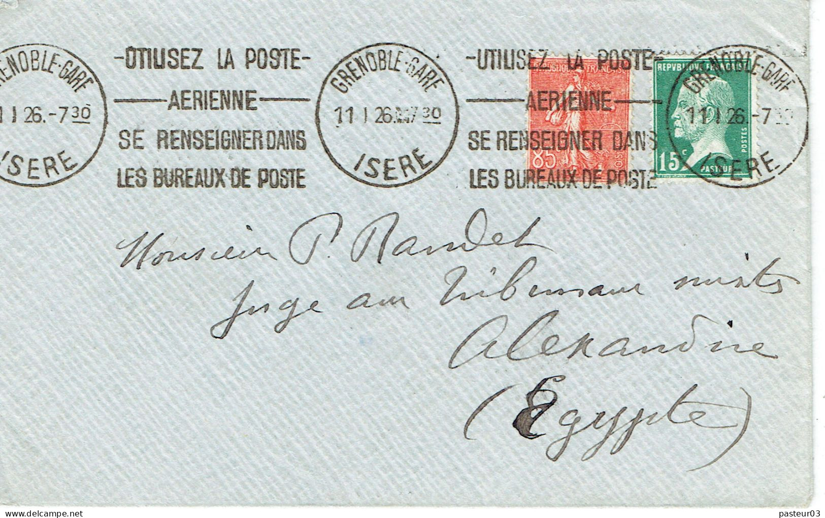 Tarifs Postaux Etranger Du 16-07-19254 (09) Pasteur N° 171 15 C. + Semeuse 85 C.  Lettre 20 G. Destination Egypte RARE 1 - 1922-26 Pasteur