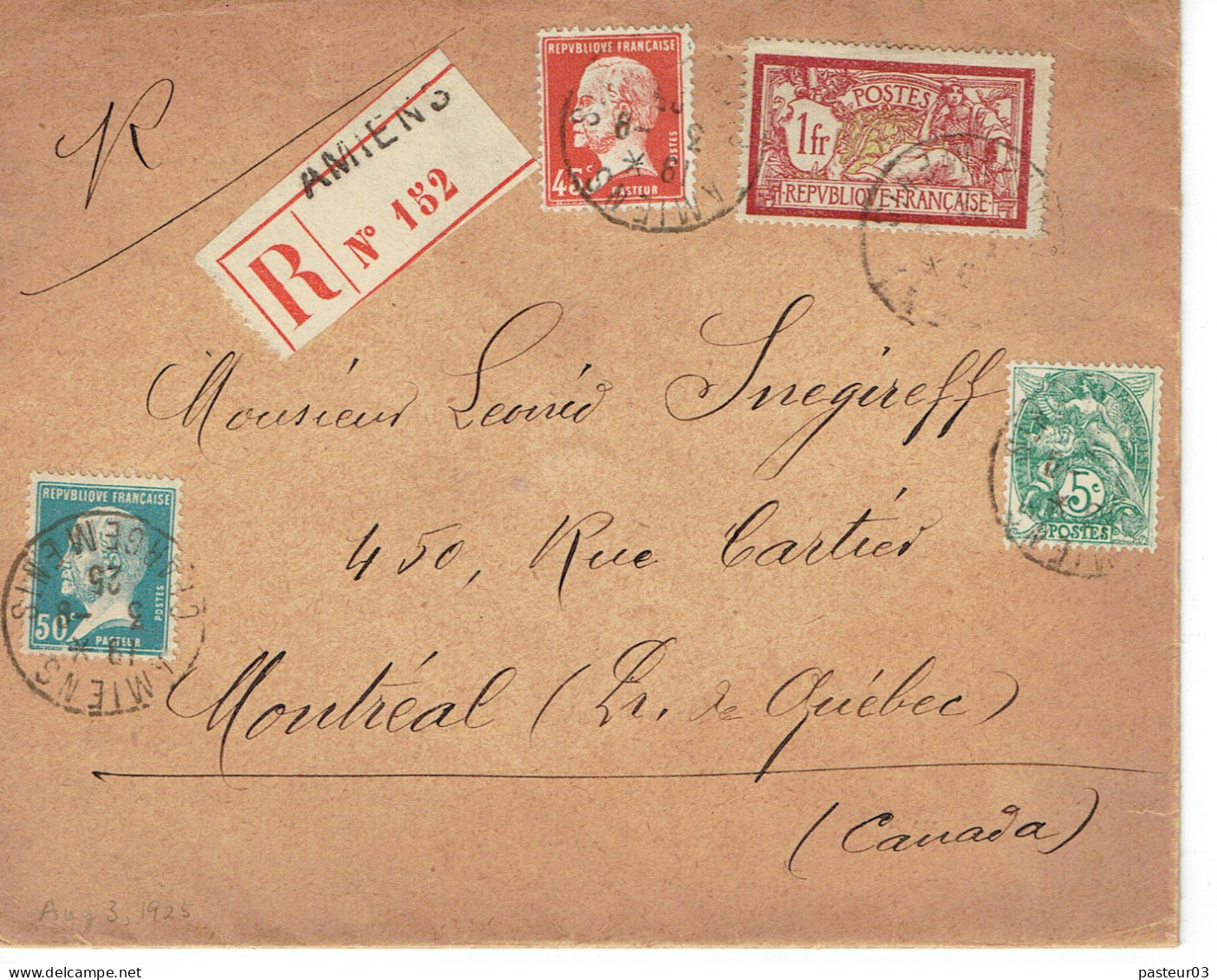 Tarifs Postaux Etranger Du 16-07-1925 (13) Pasteur N° 176 50 C. + Pasteur N° 175 45 C. + Merson 1,00 F. + Blanc 5 C. Let - 1922-26 Pasteur