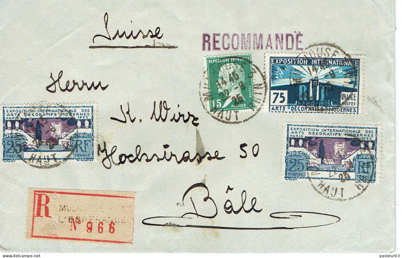 Tarifs Postaux Etranger Du 16-07-1925 (20) Pasteur N° 171 15 C.+ Arts Déco 75 C. + 25 C. Lettre Recommandée 20 G. Tarif - 1922-26 Pasteur
