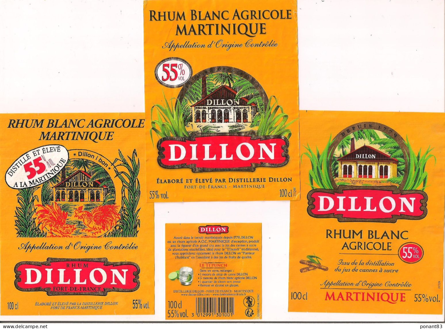 Etiquettes Décollées Rhum Martinique: Dillon 55% - Trois Différentes - - Rhum