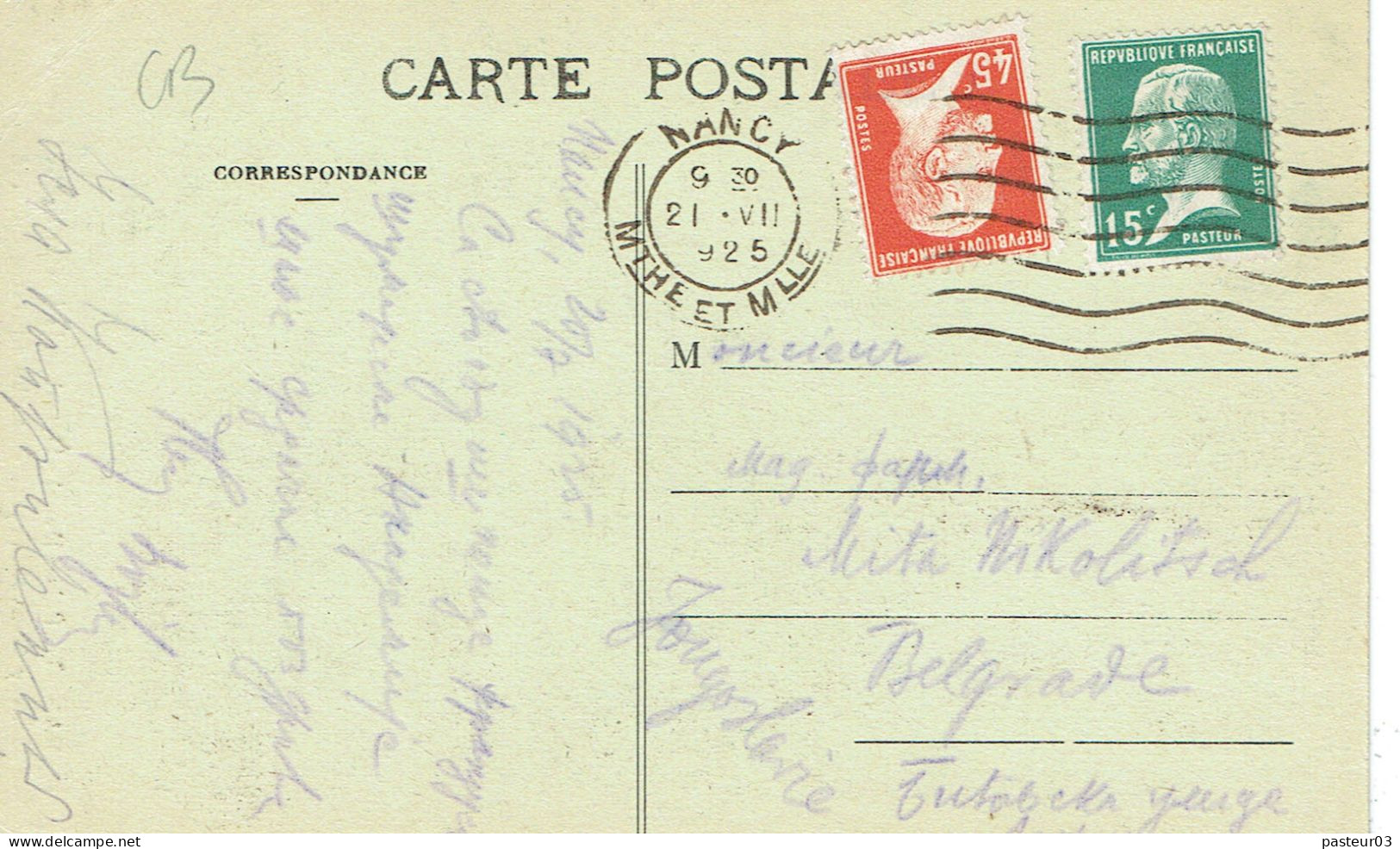 Tarifs Postaux Etranger Du 16-07-1925 (26) Pasteur N° 175 45 C. + Pasteur N° 171 15 C. Carte Posatle Etranger Destinatio - 1922-26 Pasteur
