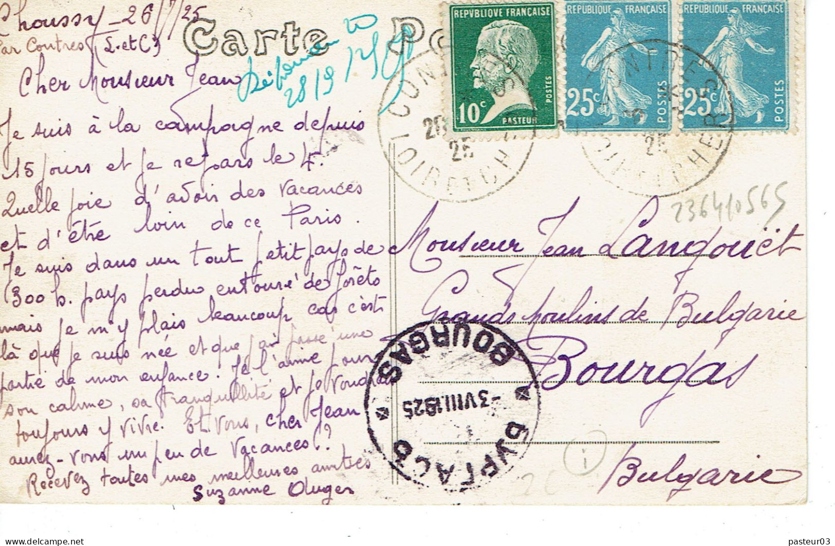 Tarifs Postaux Etranger Du 16-07-1925 (27) Pasteur N° 170 10 C. + Semeuse 25 C. X 2  Carte Posatale Etranger Destination - 1922-26 Pasteur
