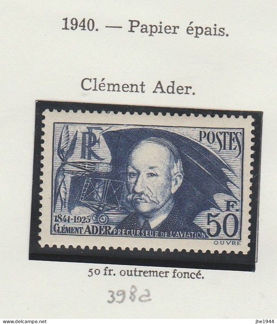 France N° 398a ** Clement Ader Outremer Foncé, Papier épais - Ongebruikt