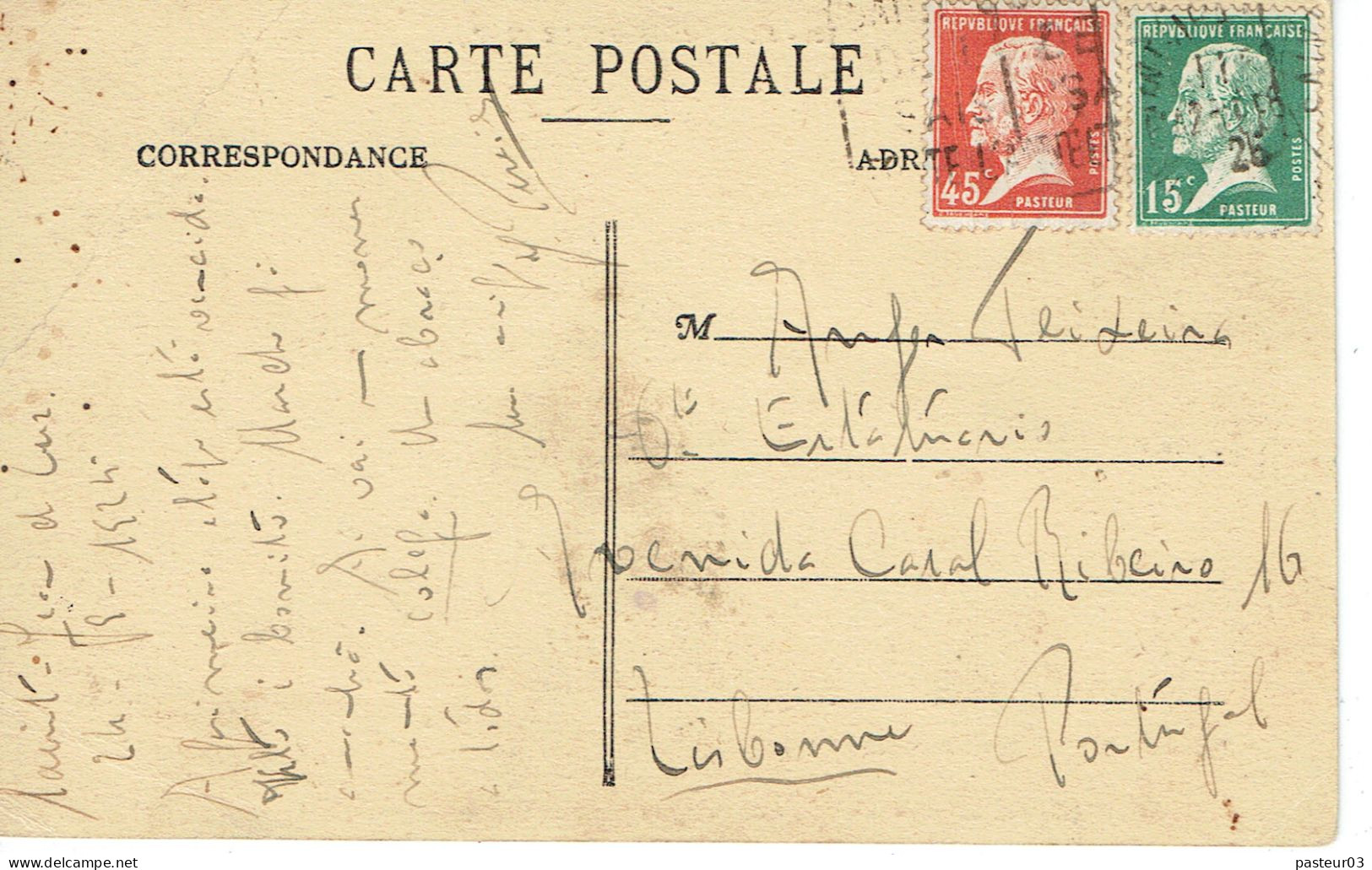 Tarifs Postaux Etranger Du 16-07-1925 (30) Pasteur N° 175 45 C. + Pasteur N° 171 15 C.  Carte Postale Etranger - 1922-26 Pasteur