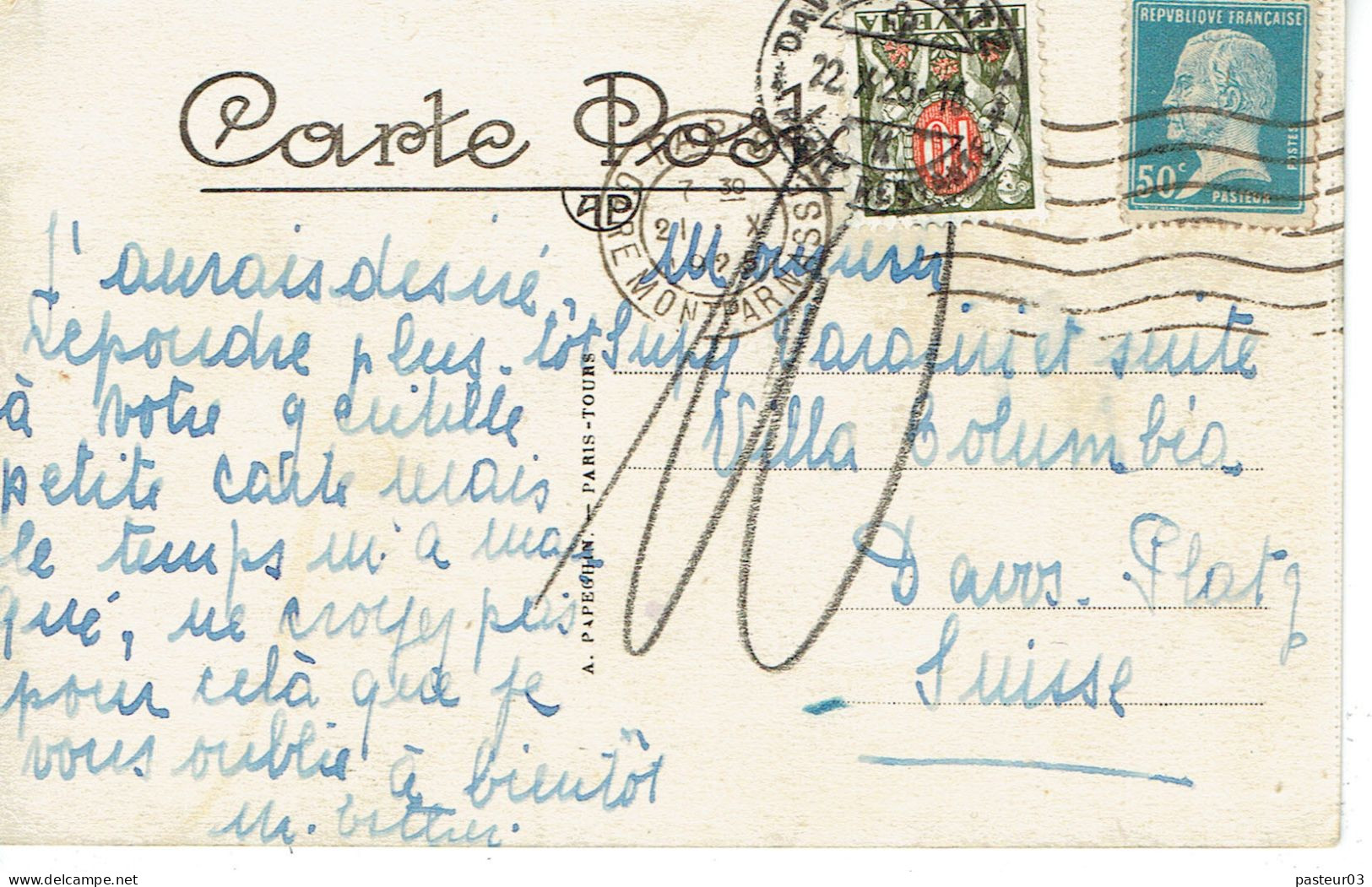 Tarifs Postaux Etranger Du 16-07-1925 (32) Pasteur N° 176 50 C. + Taxe Suisse 10 C. CP Etranger 22-10-1925 - 1922-26 Pasteur
