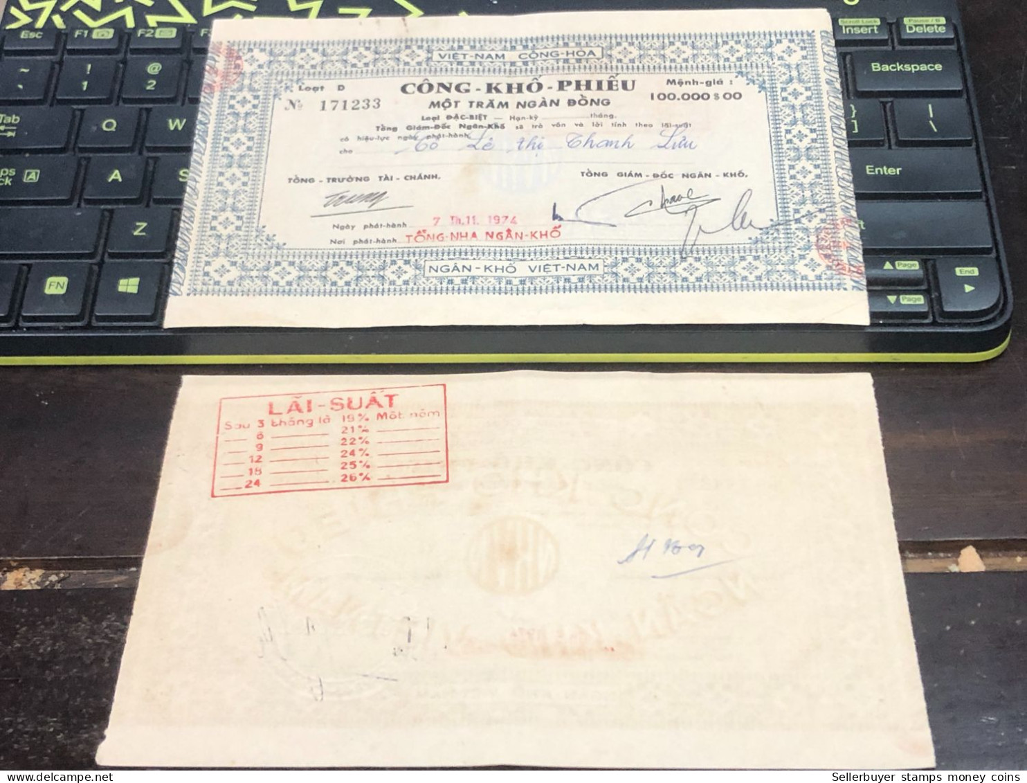 VIET NAM SOUTH PUBLIC DRY BOND BANK CHEC KING-100 000$00/1974-1 PCS - Vietnam