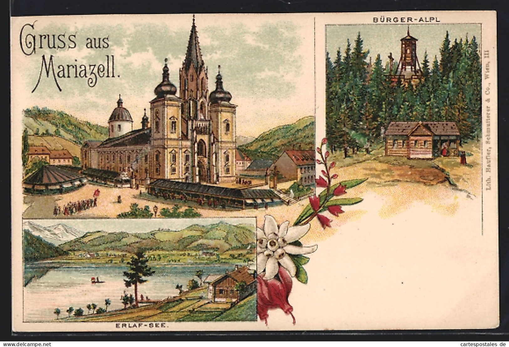 Lithographie Mariazell, Kirche, Bürger-Alpl Und Erlaf-See  - Autres & Non Classés