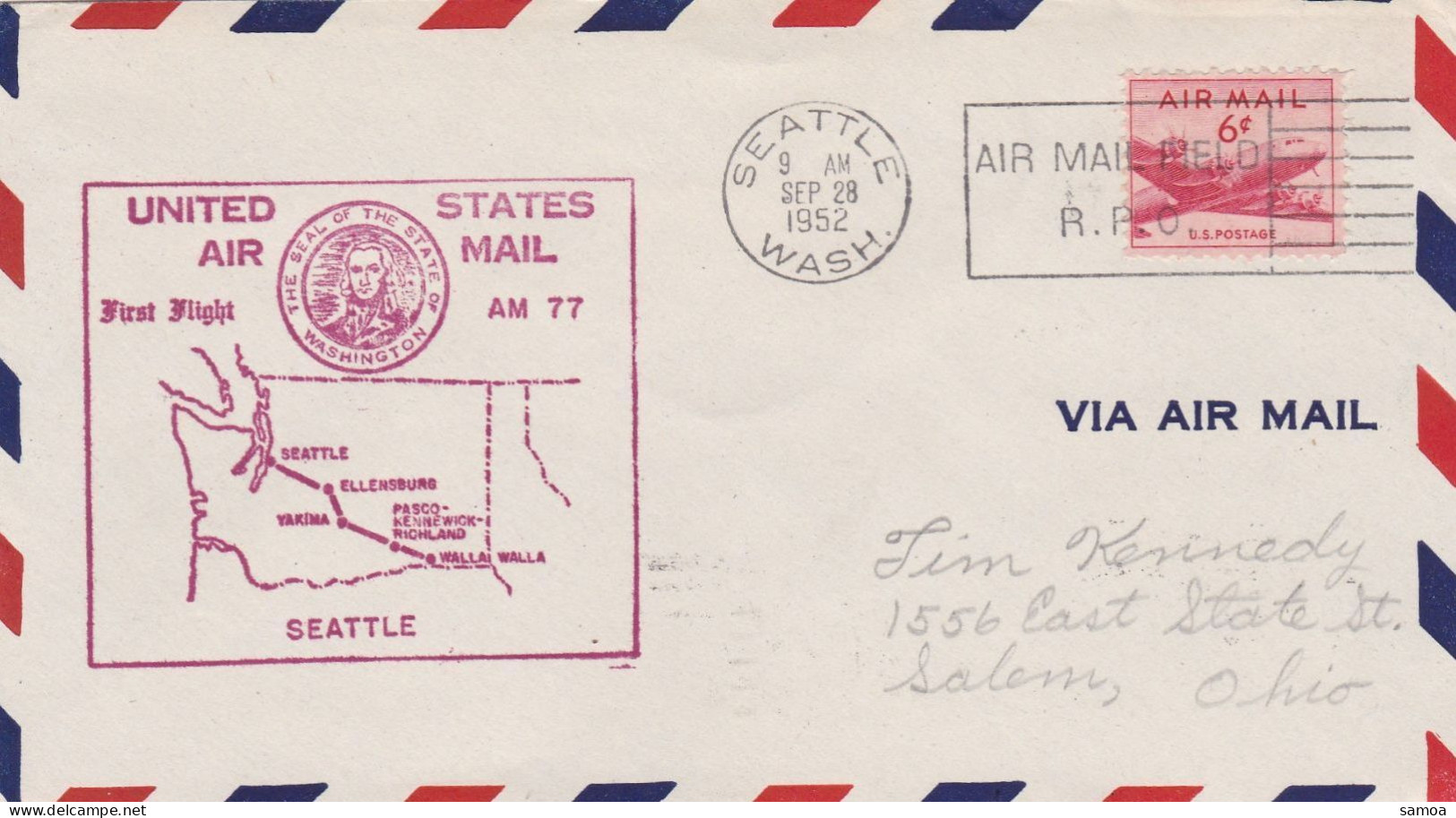 États-Unis FDC 1952 PA 35 Avion Douglas DC-4 First Flight Seattle Walla Carte Envoi à Jim Kennedy Salem - Vliegtuigen