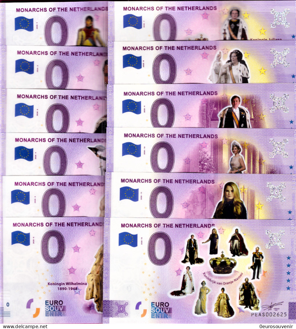 0-Euro PEAS 2020-1-12 COLOR MONARCHS OF THE NETHERLANDS 12 Scheine Satz Kpl.FARBDRUCK ! - Privatentwürfe