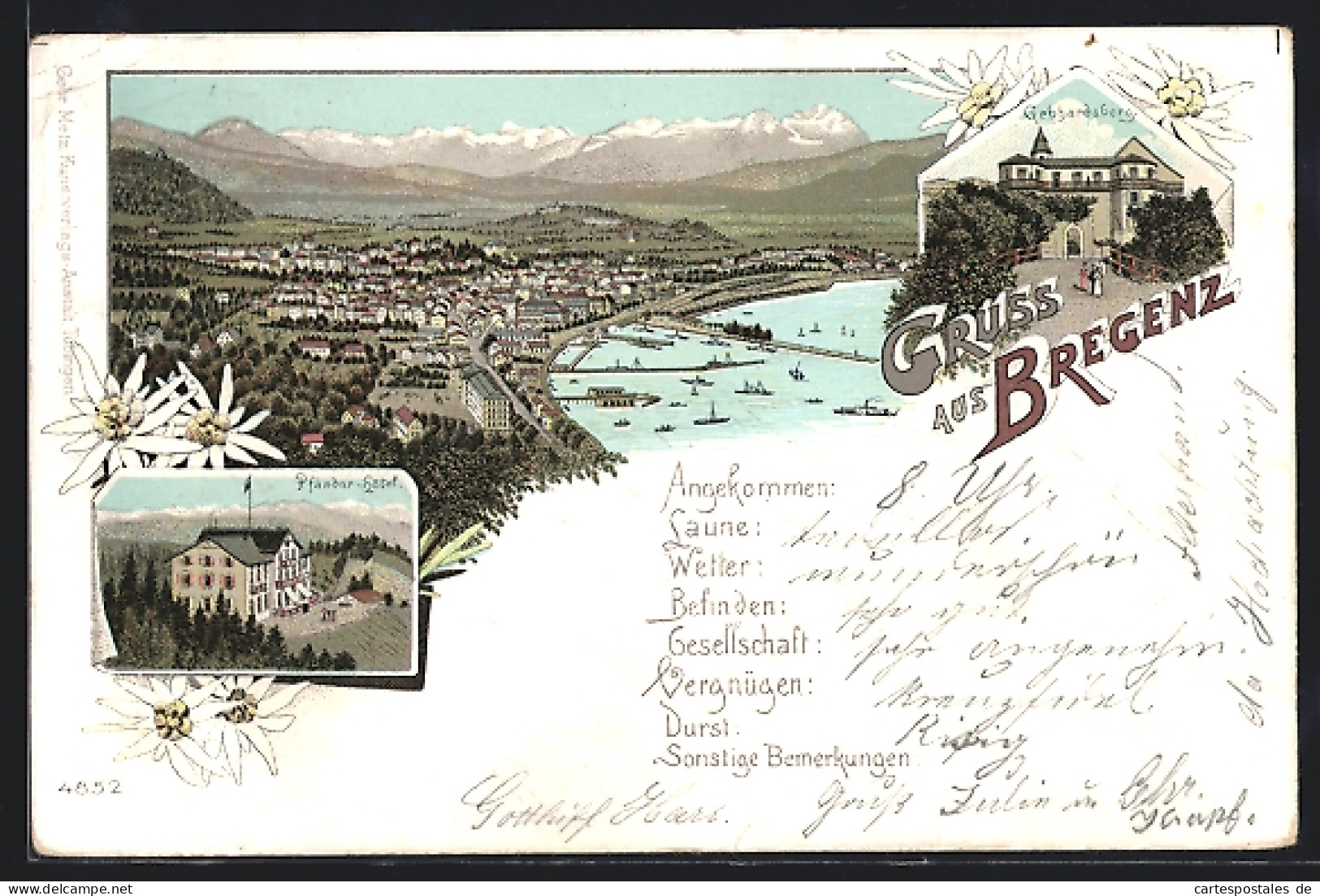 Lithographie Bregenz, Pfänder-Hotel, Gebhardsberg, Gesamtansicht Aus Der Vogelschau  - Autres & Non Classés