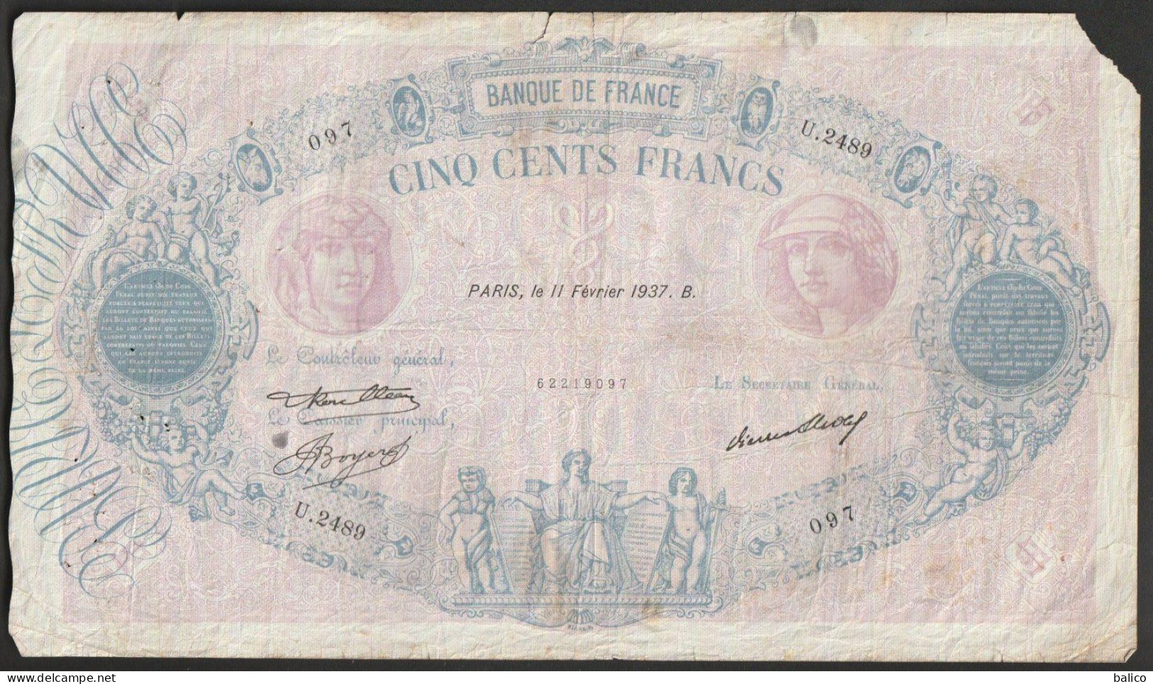 France, 500 Francs, ''Bleu Et Rose'', 11 Février 1937 - U.2489 - 097  ( Manque !) - 500 F 1888-1940 ''Bleu Et Rose''