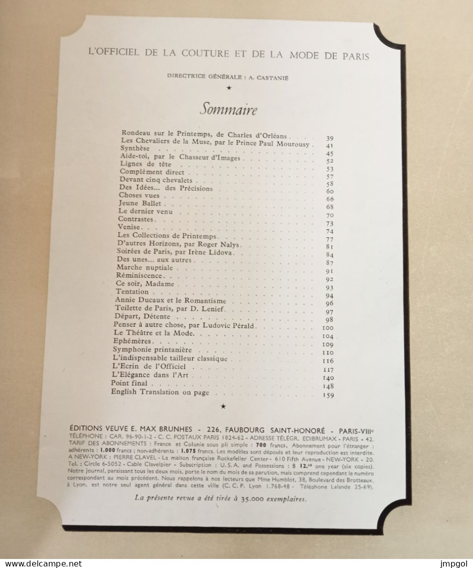 Officiel De La Mode Et De La Couture Paris Avril 1946 Collections Printemps Dior Lanvin Patou Fath Balenciaga Rochas - 1900 - 1949