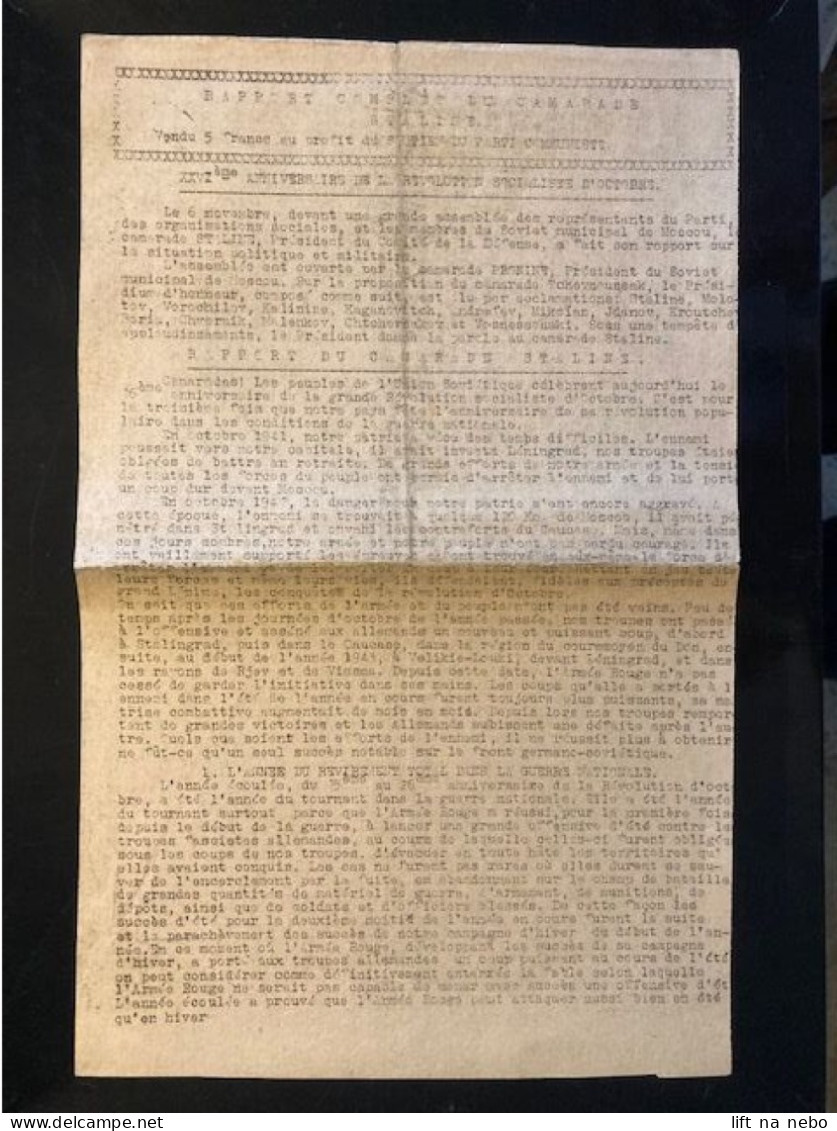 Tract Presse Clandestine Résistance Belge WWII WW2 'Rapport Complet Du Camarade Staline' 4 Sheets Printed On Both Sides - Documenti