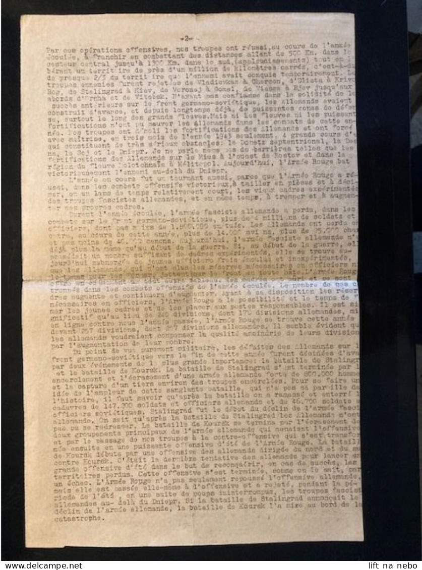 Tract Presse Clandestine Résistance Belge WWII WW2 'Rapport Complet Du Camarade Staline' 4 Sheets Printed On Both Sides - Documents