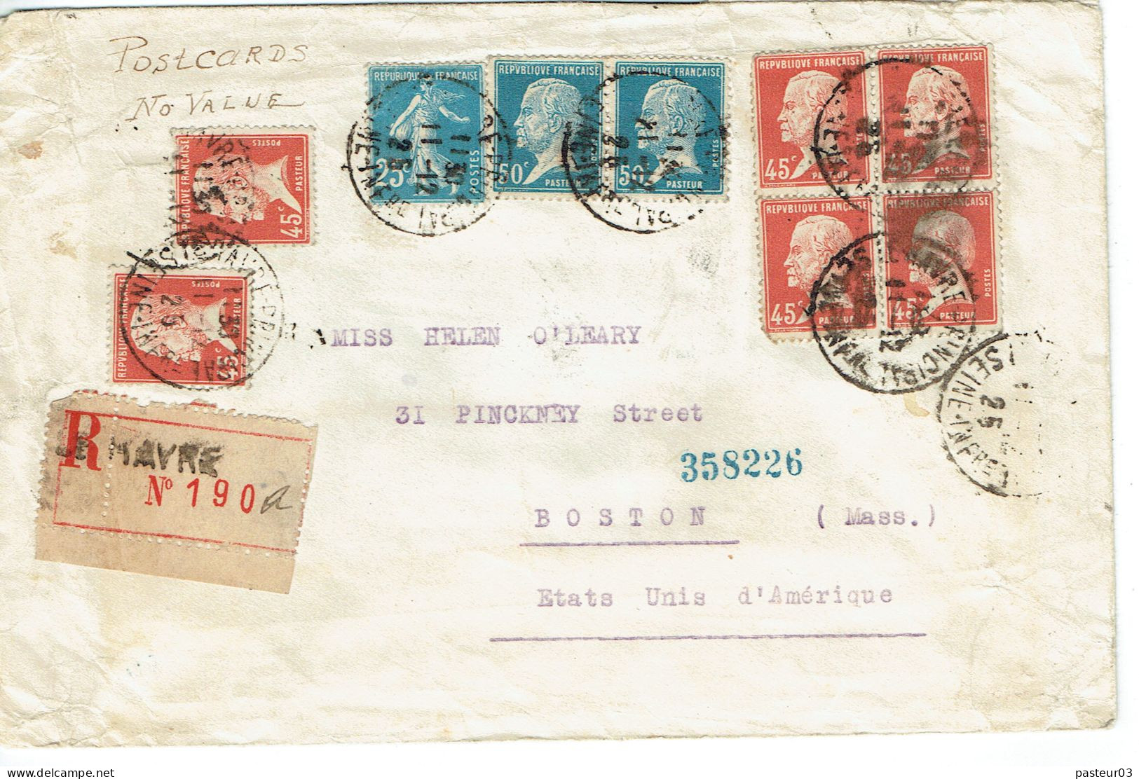 Tarifs Postaux Etranger Du 01-10-1925 (19) Pasteur N° 176 50 C. X 2 + Pasteur N° 175 45 C. X 6 + Semeuse 25 C. Lettre Re - 1922-26 Pasteur