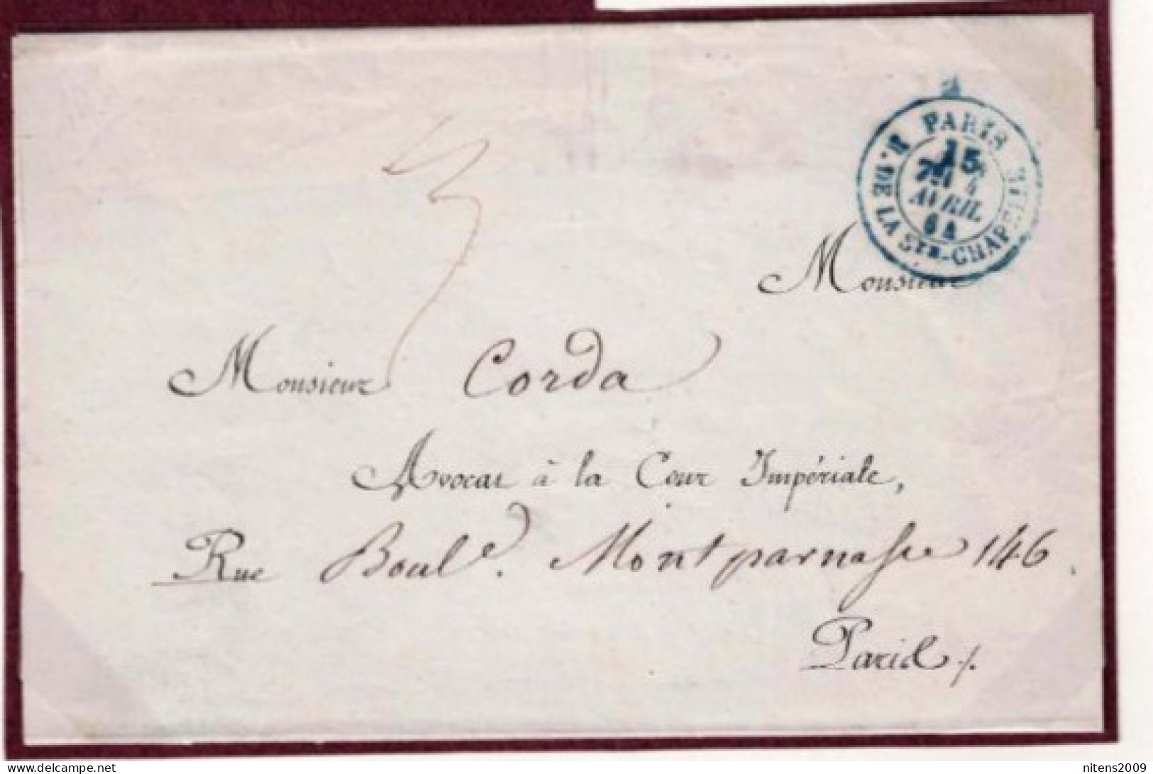 PARIS POUR PARIS NON AFFRANCHIE TAXÉE PAR LE TIMBRE À DATE ET DE TAXE EN BLEU À 15c 4 AVRIL 1864 - 1849-1876: Classic Period