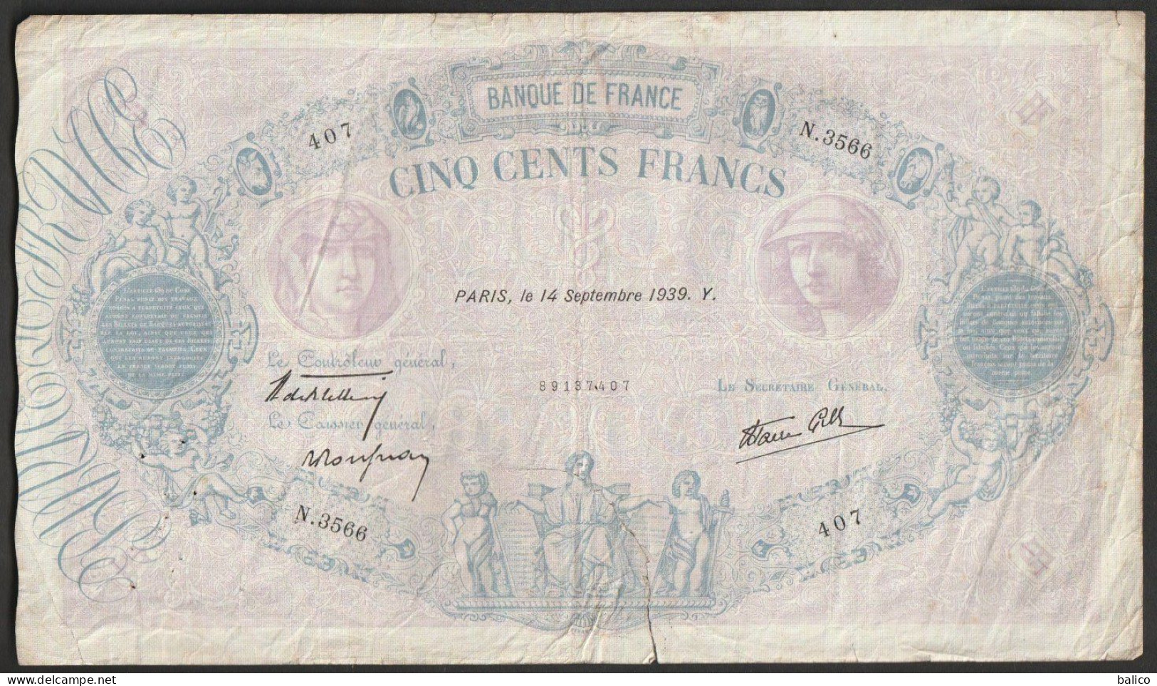 France, 500 Francs, ''Bleu Et Rose'', 14 Septembre 1939 - N.3566 - 407  ( Coupure !) - 500 F 1888-1940 ''Bleu Et Rose''