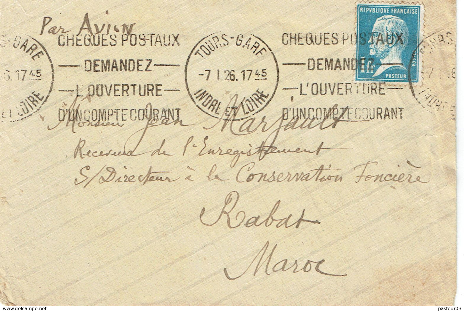 179 Pasteur 1f. Bleu Lettre (64) Par Avion Pour Le Maroc Tarifs Postaux Du 16-07-1925 - 1922-26 Pasteur