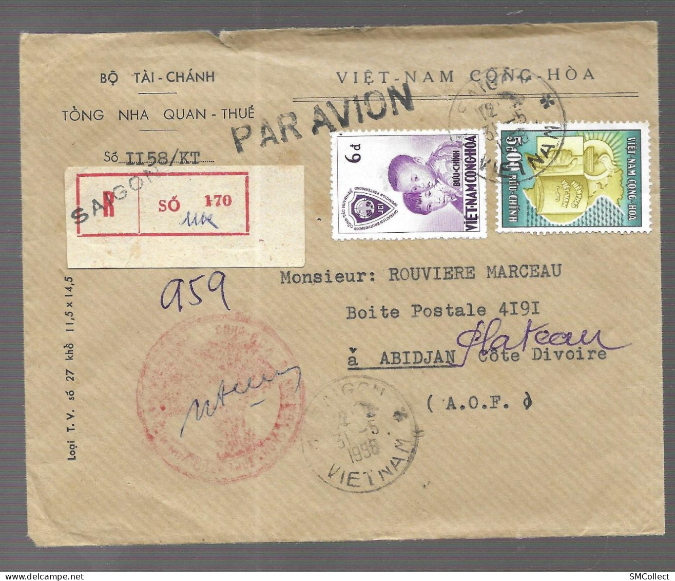 Saïgon, Viet Nam. Lettre Recommandée Par Avion Vers Abidjan, Côte D'Ivoire (A.O.F.) 1958 - Viêt-Nam