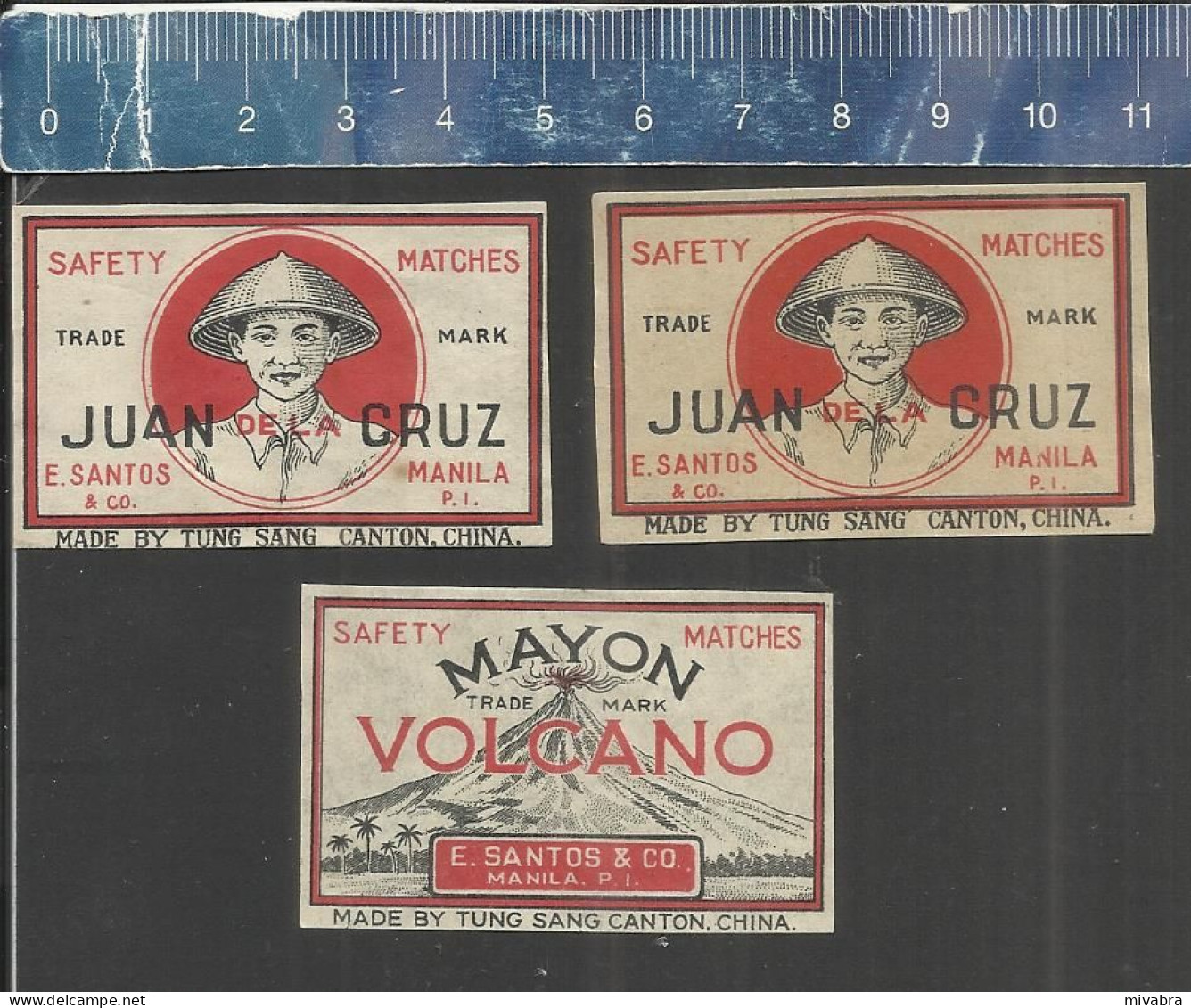 JUAN DE LA CRUZ CHINA MAN & MAYON VOLCANO - EXPORT MATCHBOX LAELS MADE TUNG SANG CANTON CHINA FOR  E. SANTOS & CO MANILA - Cajas De Cerillas - Etiquetas