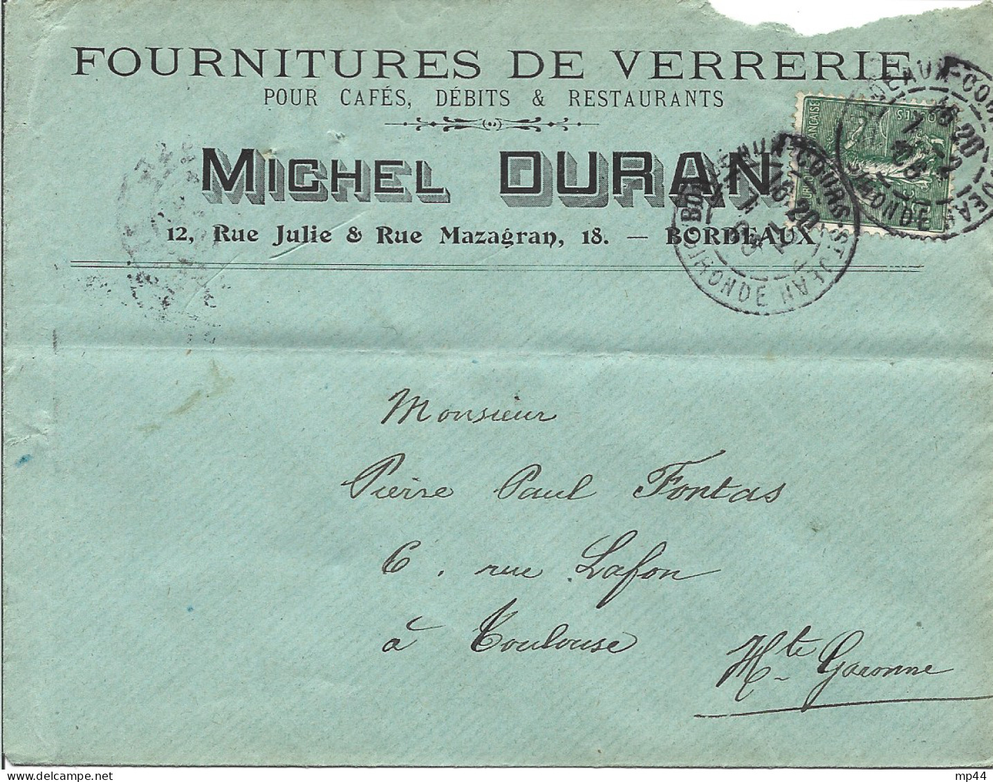 37 --- Lettre 33 BORDEAUX M.Durand, Fournitures De Verrerie Pour Cafés, Débits & Restaurants - 1900 – 1949