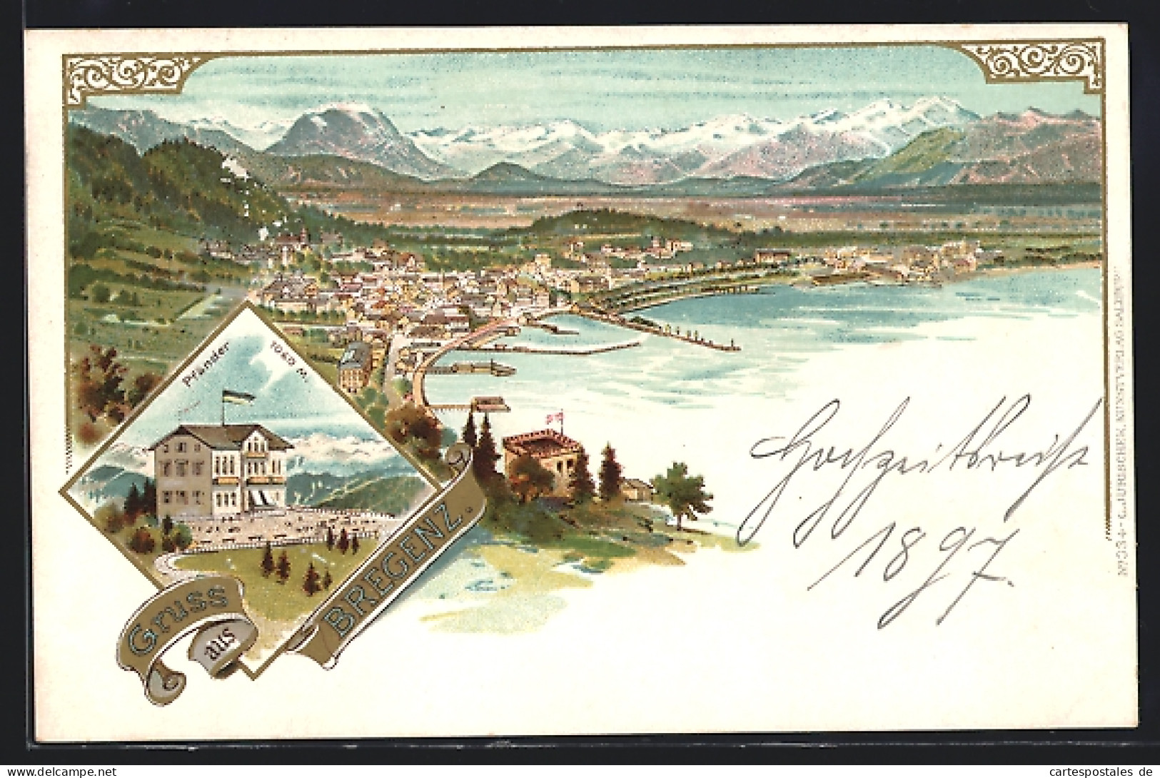 Lithographie Bregenz, Pfänder-Hotel, Gesamtansicht Mit Bergpanorama  - Autres & Non Classés