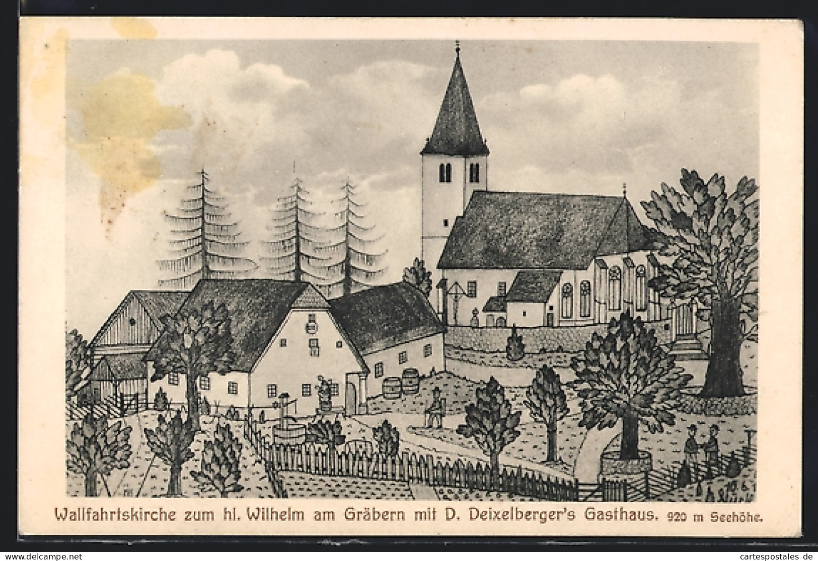 Künstler-AK Gräbern, Wallfahrtskirche Zum Hl. Wilhelm Mit Gasthaus D. Deixelberger  - Sonstige & Ohne Zuordnung
