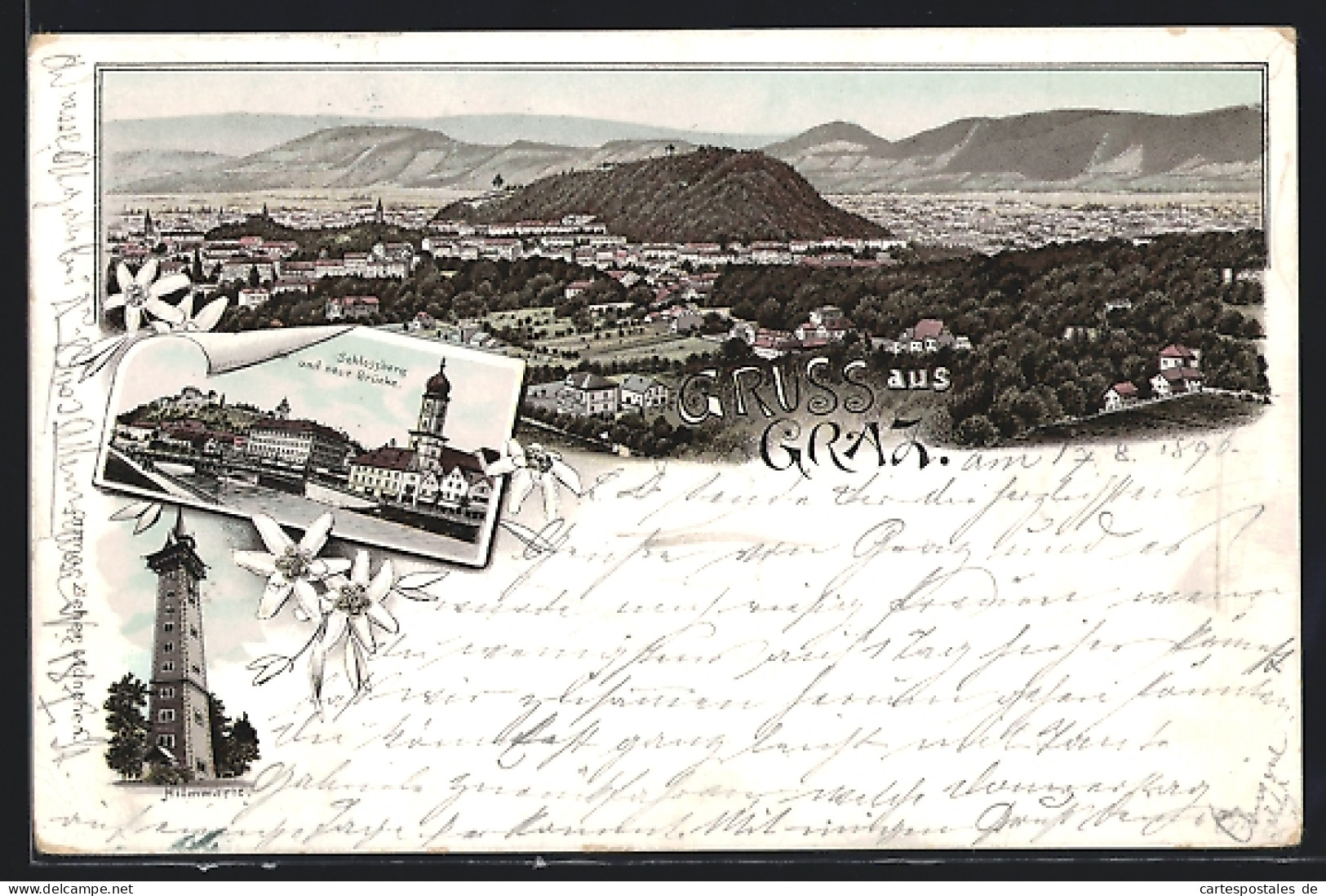 Lithographie Graz, Schlossberg Und Neue Brücke, Hilmwarte, Gesamtansicht Aus Der Vogelschau  - Other & Unclassified
