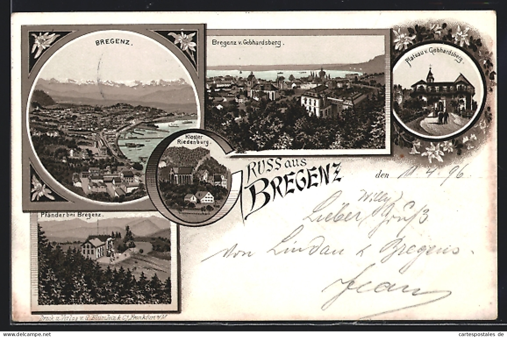 Lithographie Bregenz, Kloster Riedenburg, Plateau V. Gebhardsberg, Hotel Pfänder  - Sonstige & Ohne Zuordnung